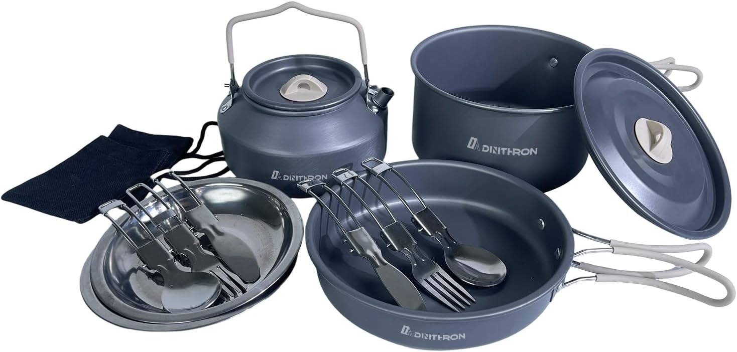 13-Piece Camping Cookware Set with Anti-Scald Silicone Handles, Lightweight Non-Stick Aluminum Pots and Pans, Compact Mess Kit for Backpacking & Survival