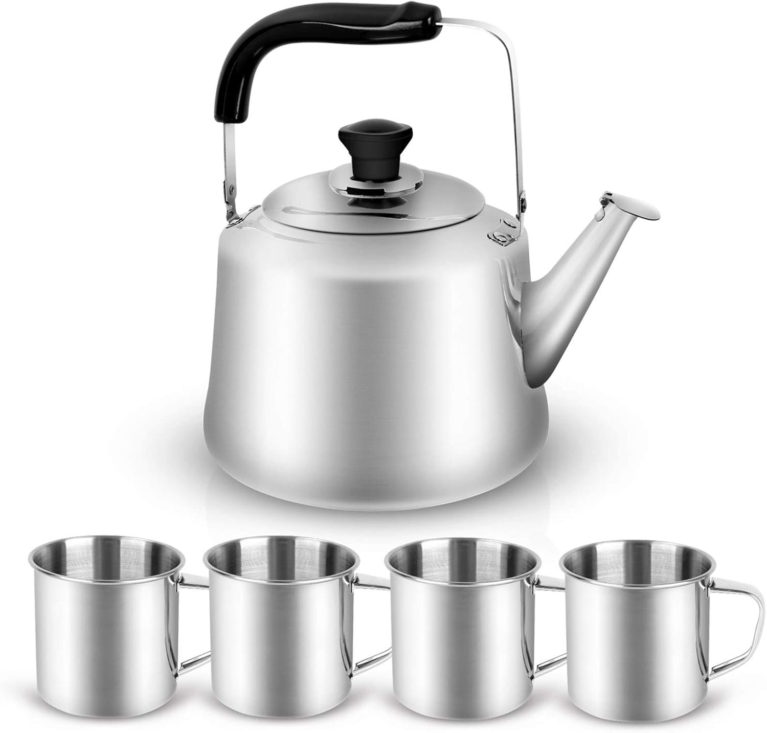 Odoland 3.8Qt Stainless Steel Camping Tea Kettle Set with 4 Cups | Durable Camp Water Kettle Tea Pot for Stovetop, Family & Kitchen Use, Outdoor Hiking, Backpacking, Picnic and Indoor Home