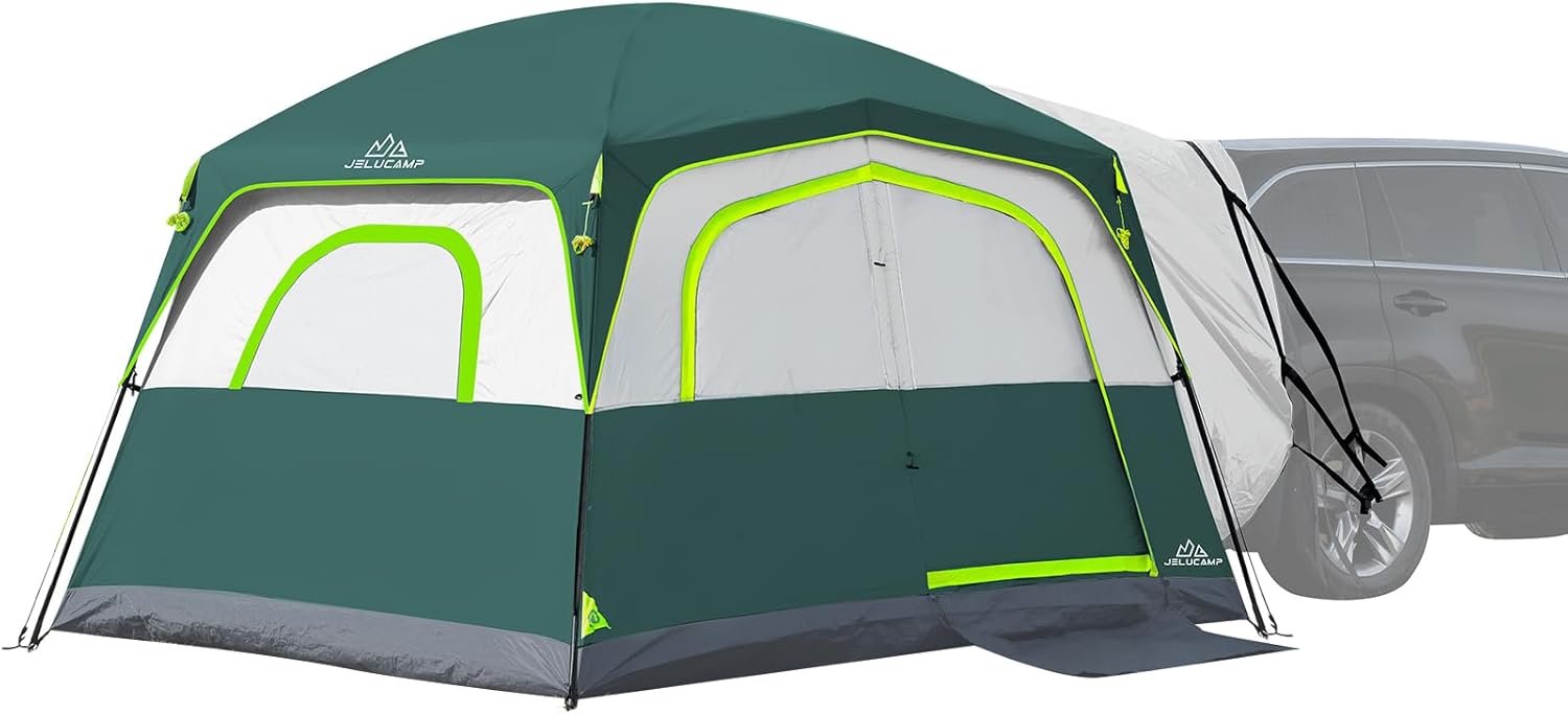 JELUCAMP SUV Tents for Camping 6 Person Waterproof, Car Family Camping Tent with Tailgate Attachment for SUV, Jeep, Truck with Cap, Easy Setup Large Tent for Outdoor Camping