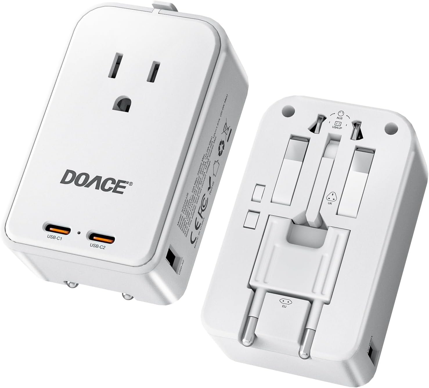 DOACE Pico 45W Travel Adapter, 5-Port Universal Power Adapter 1 AC, 2 USB C and 2 USB-A, International Plug Adaptor Worldwide for US to European UK Italy Spain New Zealand Over 200 Countries