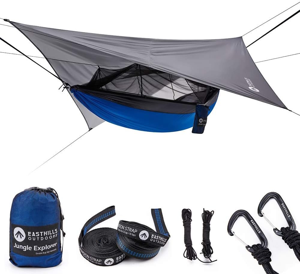 Easthills Outdoors Jungle Explorer 118″ x 79″ Double Camping Hammock Lightweight Rip-Stop Parachute Nylon 2 Person Hammocks with Removable Bug Net, Tree Straps and Tarp Blue