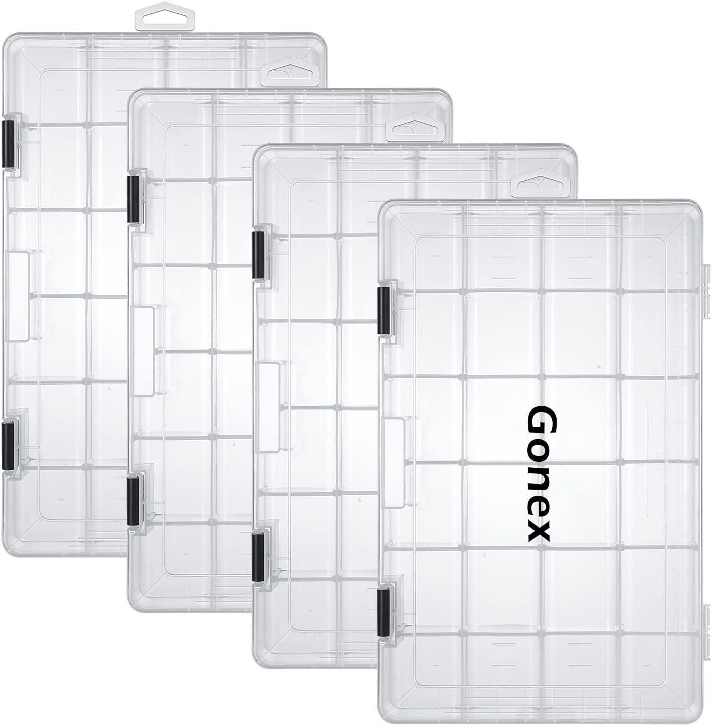 Gonex Fishing Tackle Boxes, 3600 3700 Tackle Trays with Adjustable Dividers, Clear Plastic Tackle Box Organizer Storage for Fishing Lure Bait Hook Jewelry Craft Beads Earring Container, 3 or 4 Packs