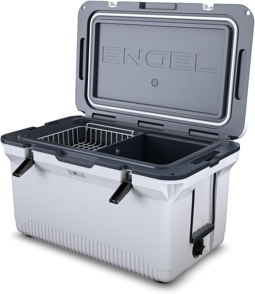 ENGEL 60 QT Ultra-Light Injection Molded Cooler – Ice Chest Keeps Ice up to 7 Days – Cooler Includes Wire Basket, Divider and Built-in Bottle Opener
