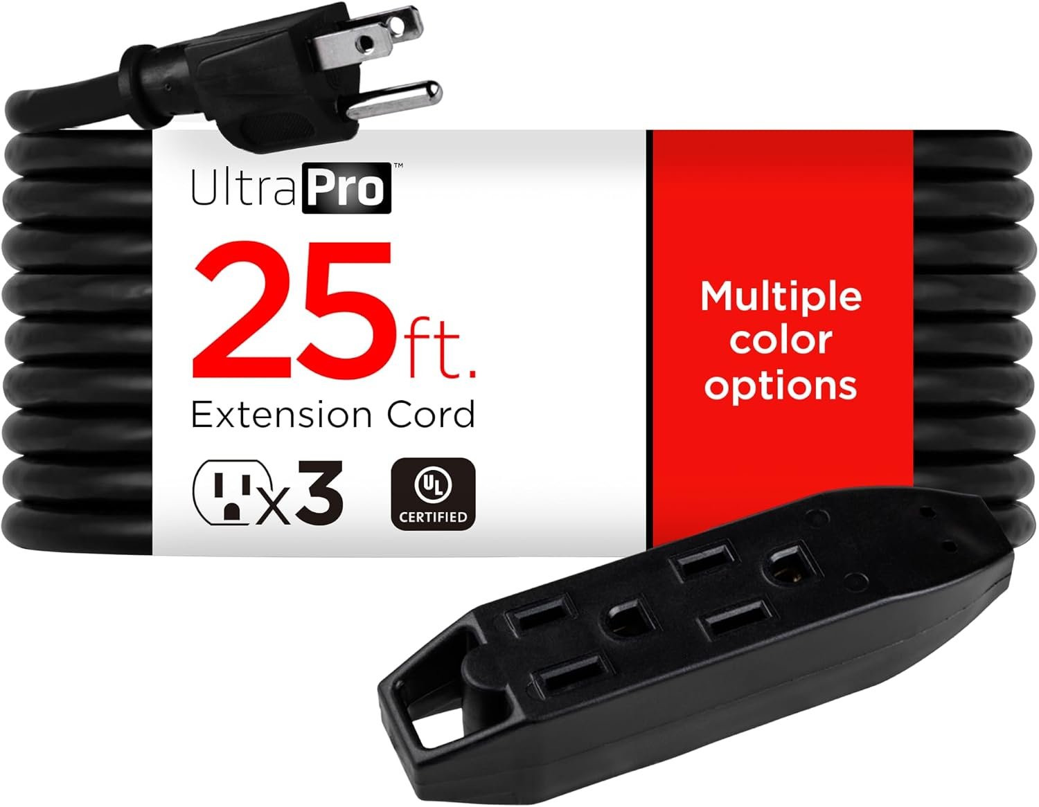 UltraPro 25 Ft Outdoor Extension Cord 3 Outlet Extension Cords Outlet Power Strip Long Extension Cord with Multiple Outlets Grounded Heavy Duty Extension Cord 16 Gauge UL Listed Black 36825