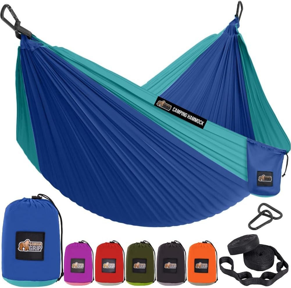 GORILLA GRIP Durable Camping Hammock with Heavy Duty Tree Straps, Portable Hammocks for Outside, Easy to Use Travel Swing Chair, Outdoor Camper Hiker Essentials, Backpacking Gear Gifts, Single, Blue
