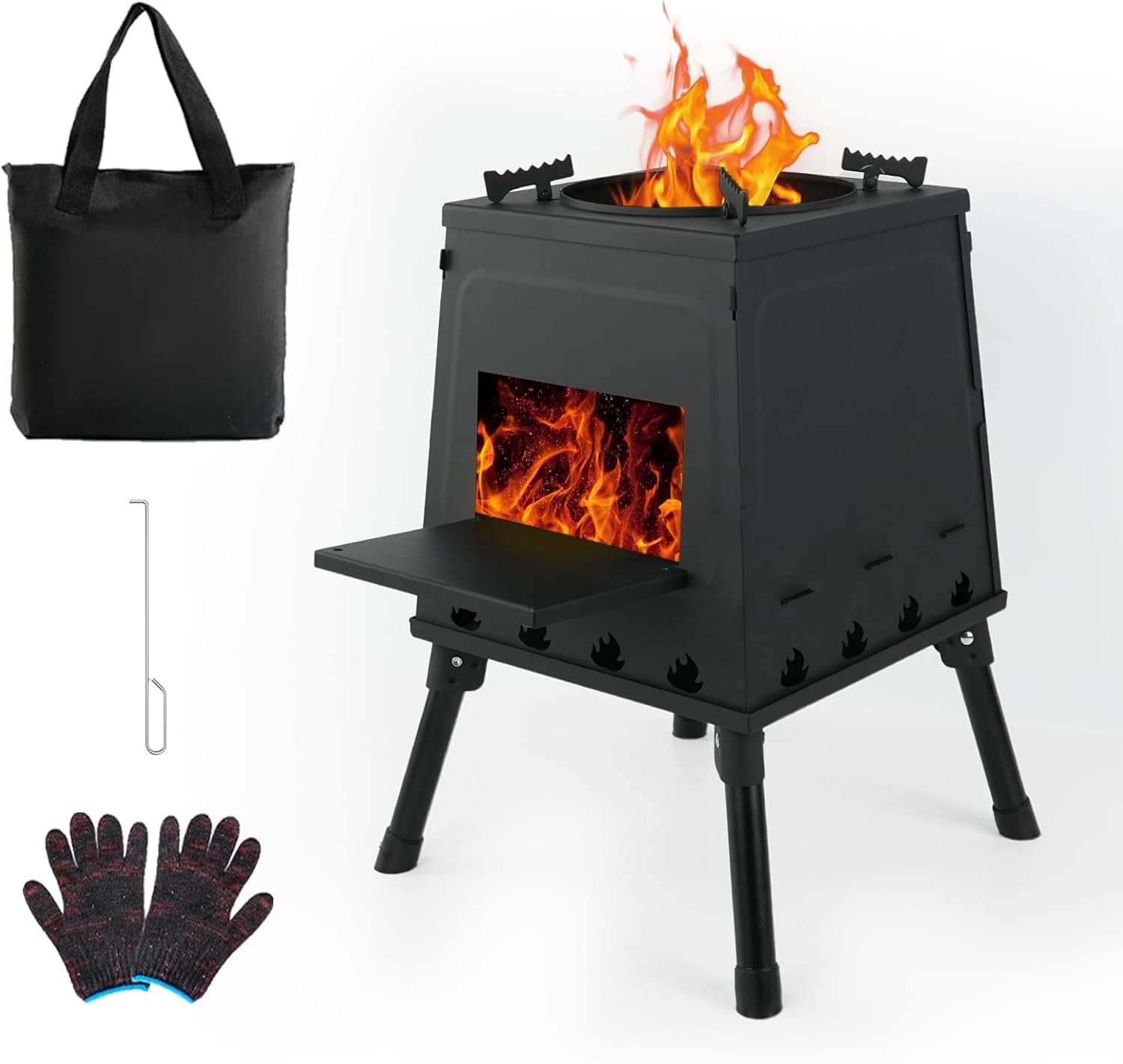 Portable Wood Burning Stove – Lightweight Cast Iron Camp Stove for Backpacking，Portable and Easy-To-Assemble Backpacking Camping Stove Kit (Black, Large)