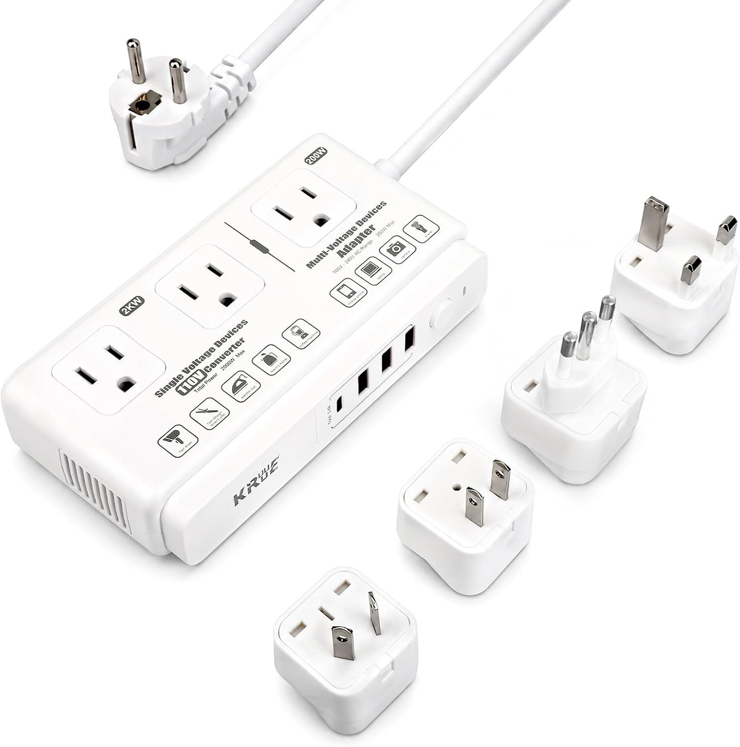 220v to 110v Travel Voltage Converter: International Universal Voltage Converter US to Europe Power Strip Plug Transformer – 2000W Electric Hair Dryer Step Down Outlet Converters for European UK EU