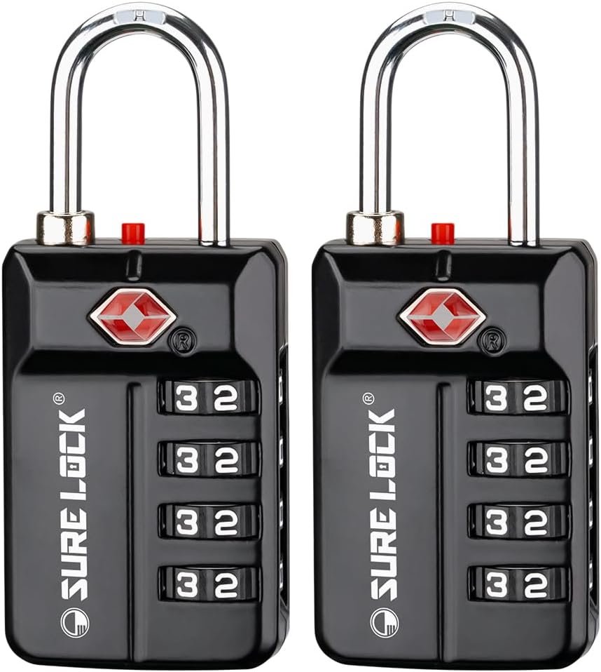 SURE LOCK TSA Approved 4-Digit Resettable Combination Luggage Locks with Open Alert, Easy-Read Dials – for Luggage, School Lockers, Gym, Office, Toolbox & Security Cases (Black 2 Pack)