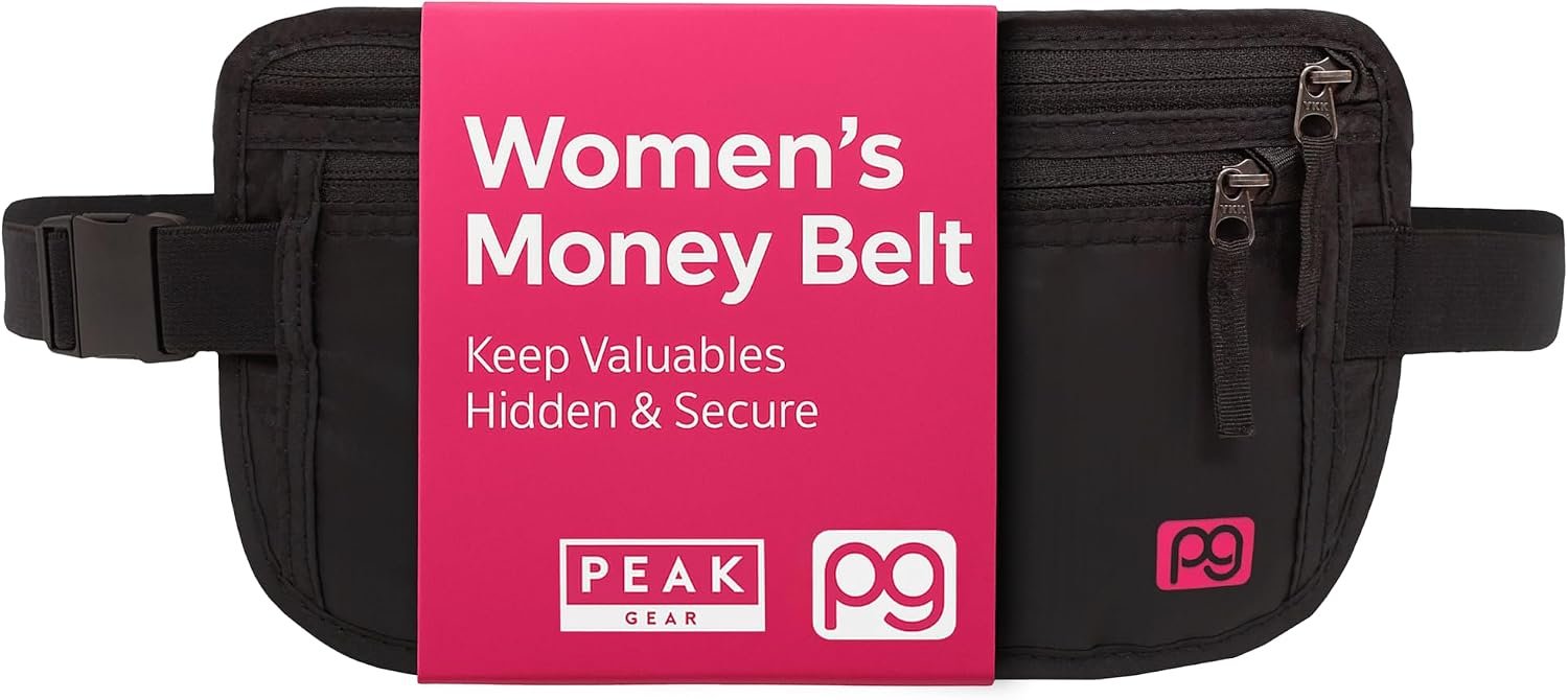 Peak Gear Women’s Money Belt – Hidden Travel Waist Pouch for Women | RFID Blocking, Slim Under-Clothes Passport Holder with PeakCharm Jewelry Pocket + 2 ReturnMe™ Recovery Tags