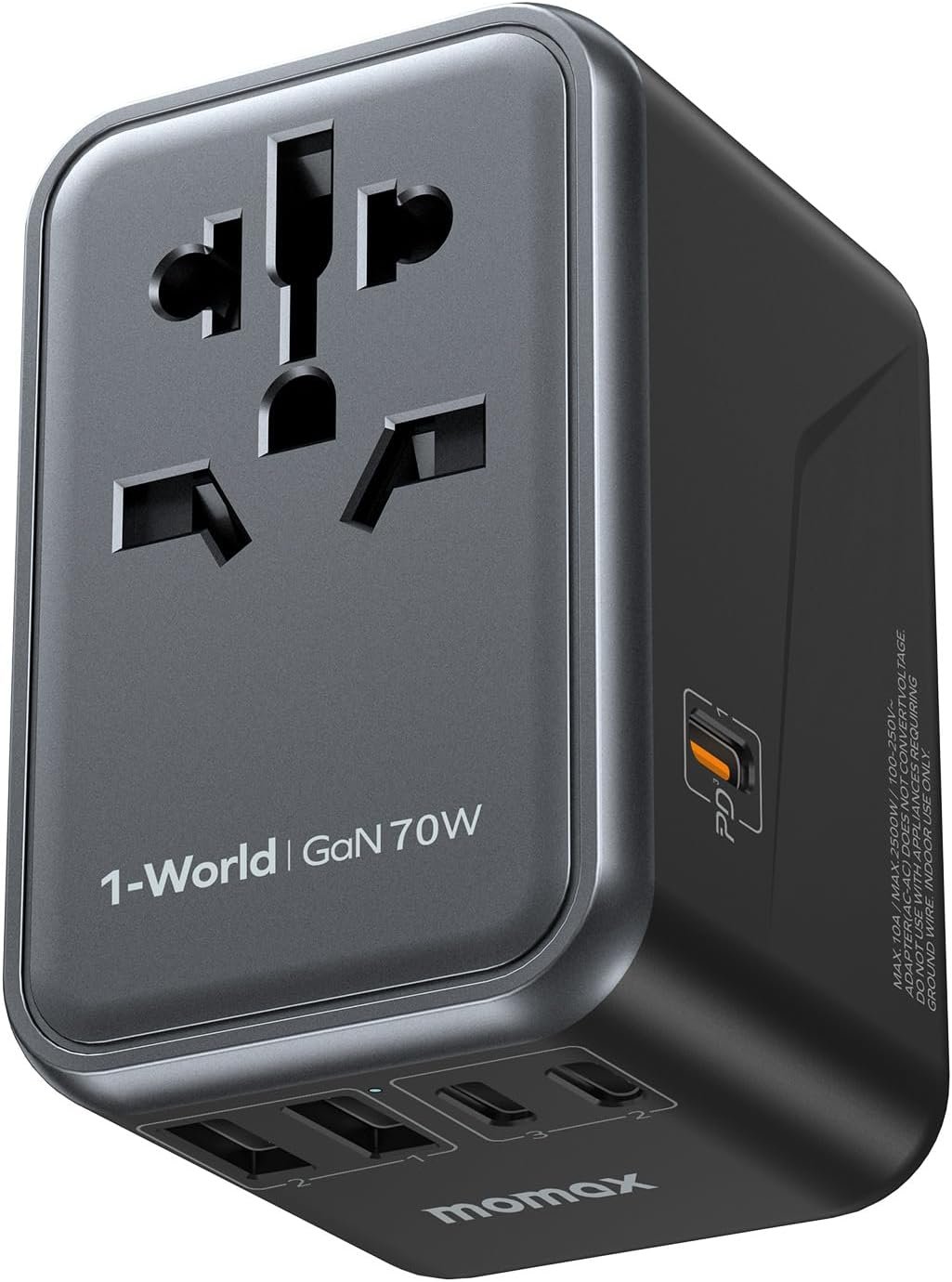 MOMAX Universal Travel Adapter 70W GaN, 3 USB-C PD & 2 USB-A QC, International Power Adapter Outlet, 6-in-1 Wall Charger for Laptop, Phone, European Travel Plug Adapter for UK/US/AUS/JP