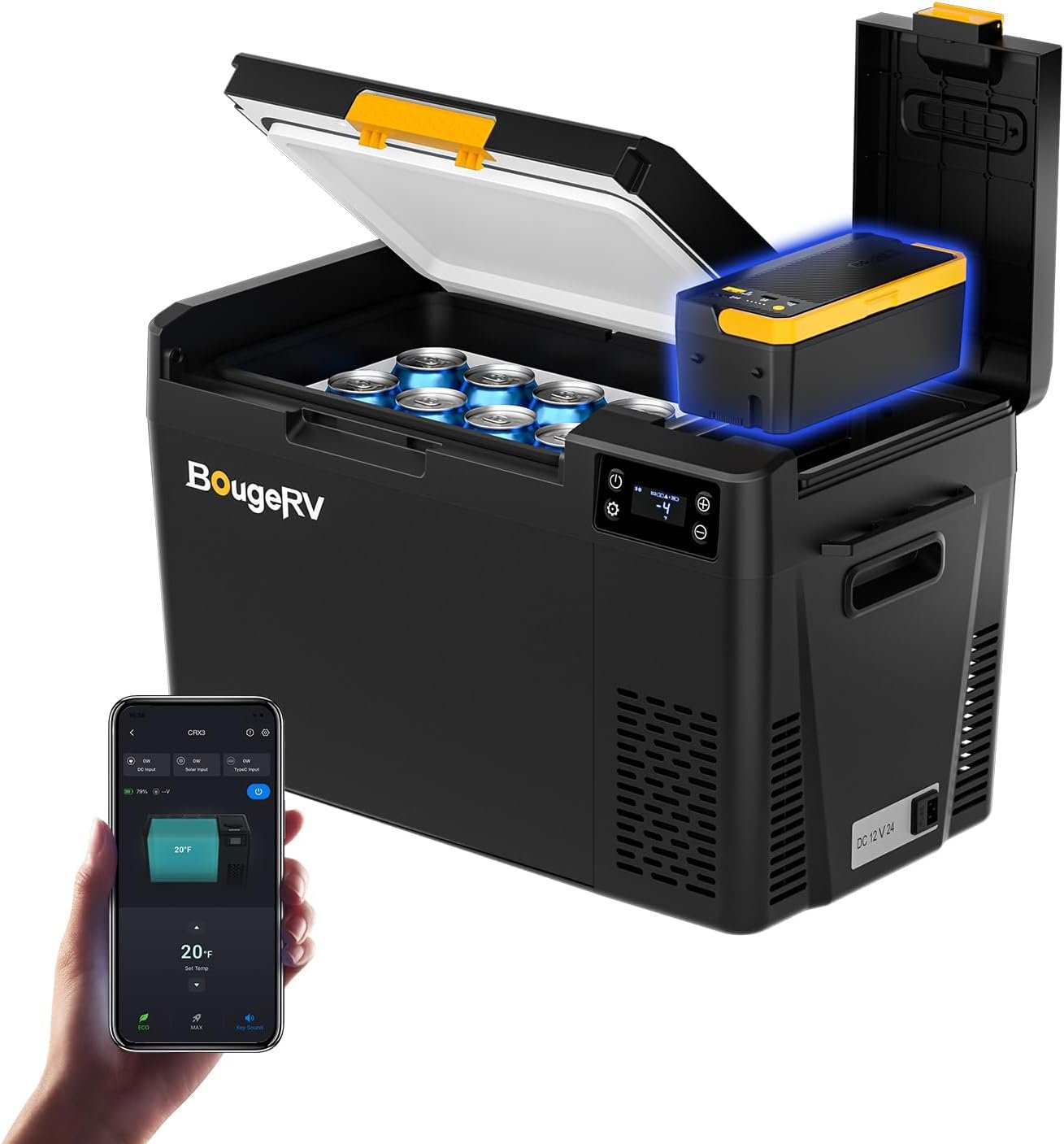 BougeRV 12 Volt Portable Refrigerator, CRX3 23 Quart Car Fridge with 240Wh Detachable Battery, -4℉~68℉ Compressor Electric Cooler with 12V/24 DC, 100-240 AC for Camping Overlanding Truck RV SUV Van