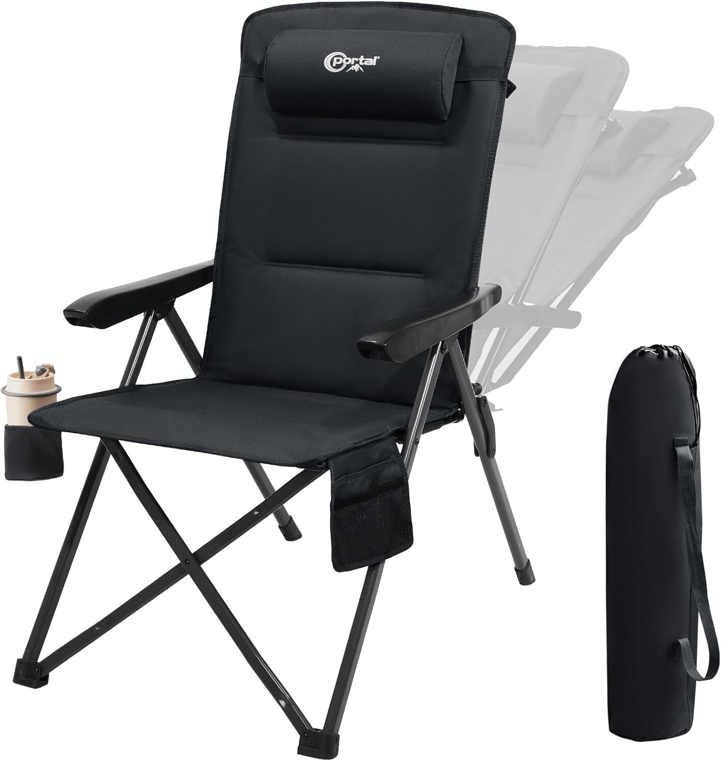 Portal Reclining Camping Chair with Adjustable Back Folding Camp Recliner for Adults Portable High Back Oversized, 350LBS (Black)