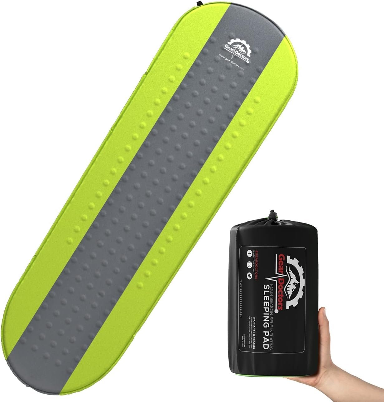 Gear Doctors® Oxylus 4.3 R-Value Insulated Foam Self Inflating Sleeping Pad Camping — Sleeping Pad Backpacking Air Mattress—Camping Mattress Self Inflating Camp Mat 4 Seasons Sleep Mat—Camp/Floor/Tent