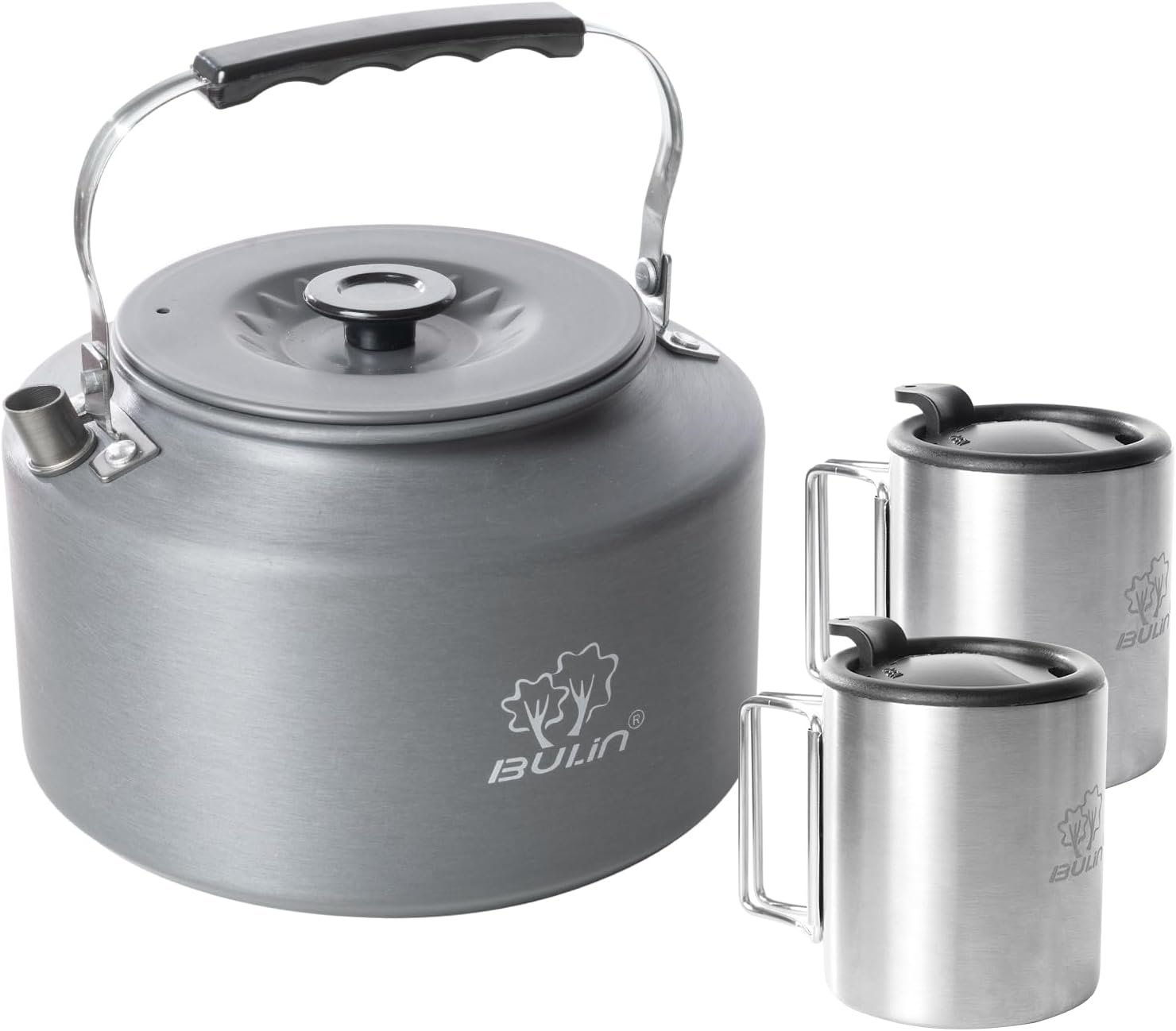 Bulin Camping Kettle, 2.2L Large Portable Stovetop Tea Kettle Fast Heating Boiling Hot Water for Open Fire Lightweight Coffee Pot with 2 Camping Cups & Lids for Outdoor Hiking Picnic Travel