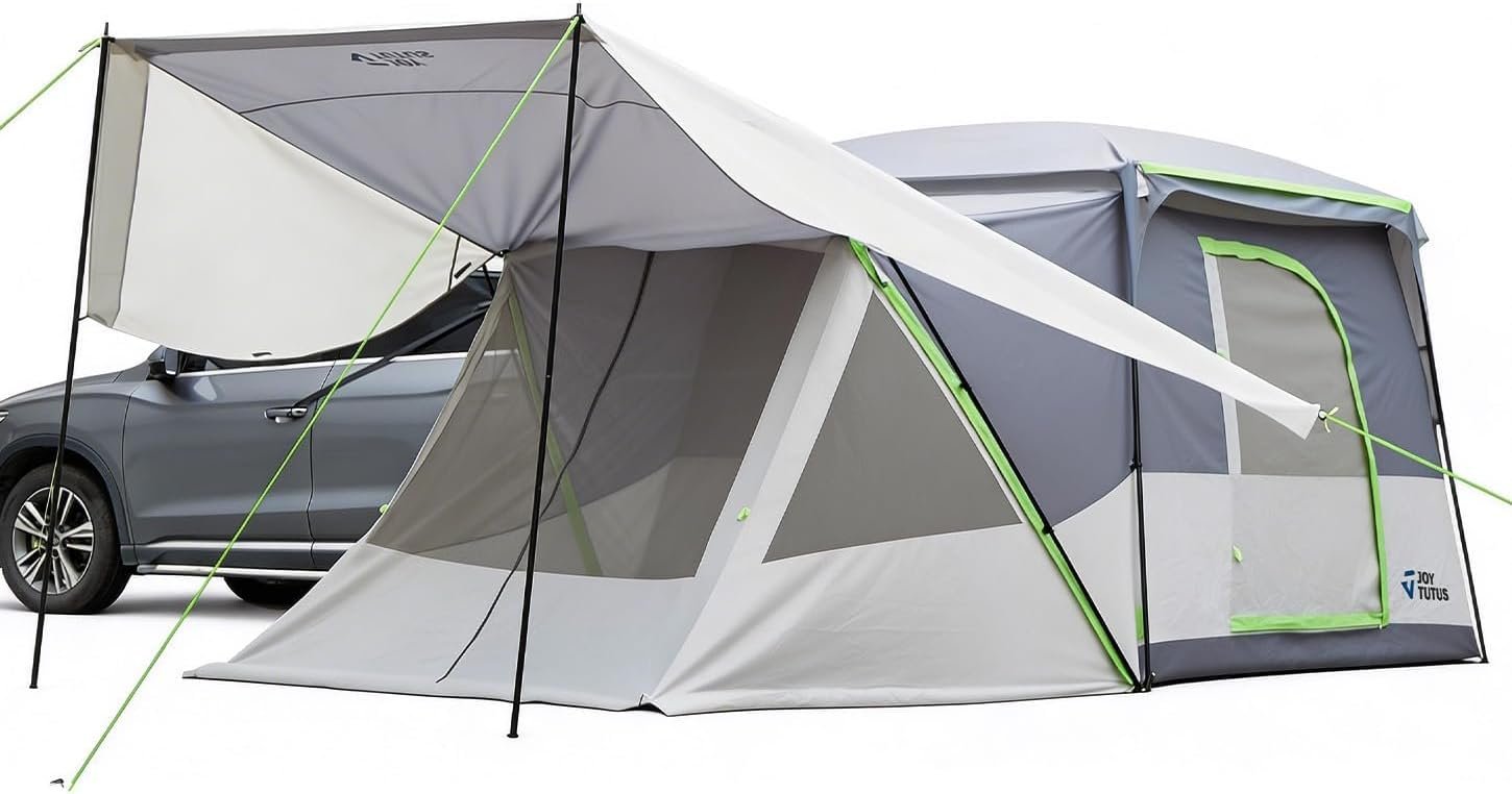 JOYTUTUS SUV Tent with 2 Rooms, Rainfly & Awning for Family Camping, 60% More Space Car Tent for 5-9 Person, Dual-Use for SUV or Ground Camping Tent with Screen Porch, Double Door,Mesh Roof