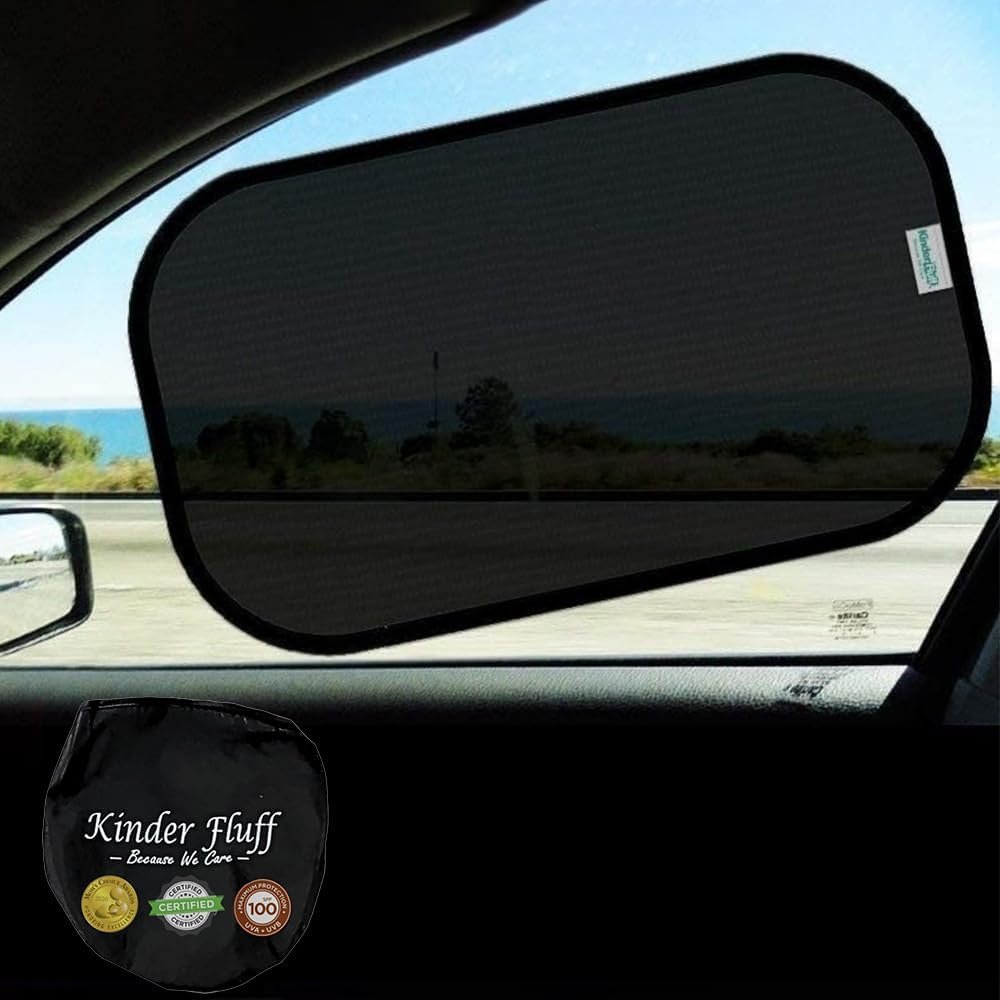 Car Window Shades – Certified 99.79% UVA & 99.95% UVB Sun Protection. Award Winning car Sun Shade for Side Windows. 4 Pack Semi Transparent 20″ x 12″ – Window Shade for car Baby by Kinder Fluff