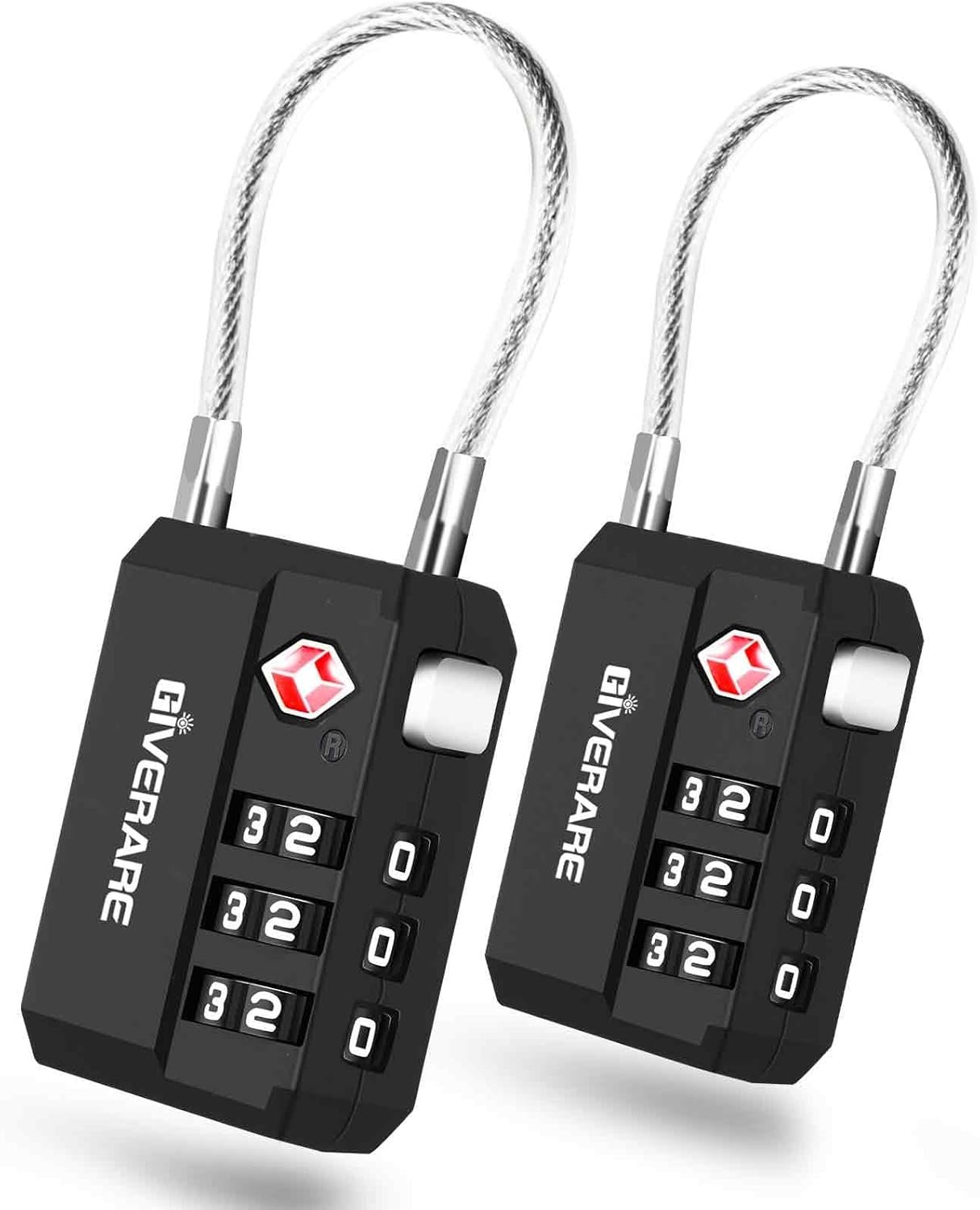 2 Pack TSA Approved Travel Luggage Locks, Cable Combination Lock 3-Digit, Keyless Suitcase Padlocks, Weatherproof Padlock for Locker, Golf Bag, Gun Case, Backpack, Anti Theft, Easy Read Dials-Black