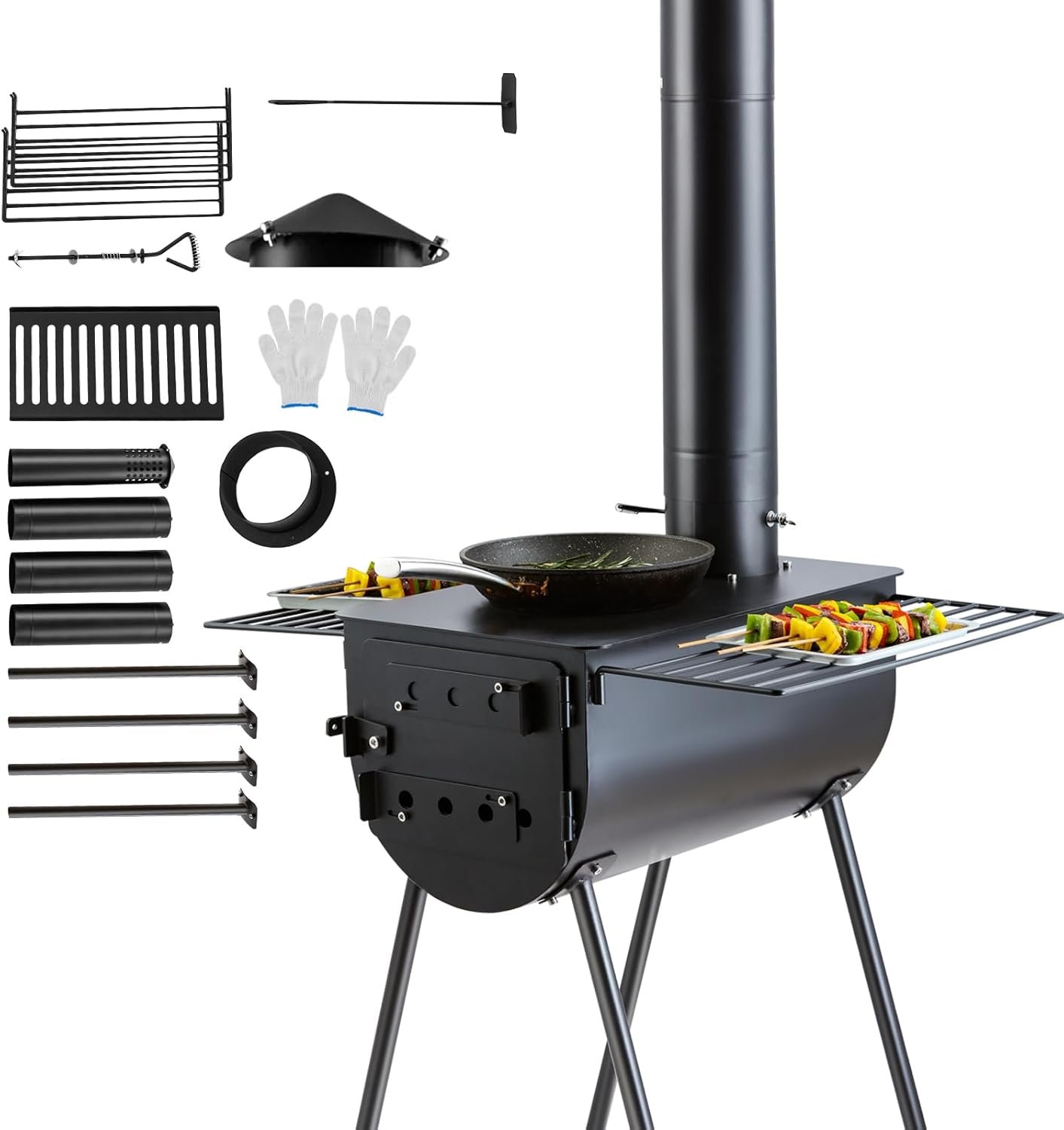VEVOR 118″ Camping Wood Stove, Portable Alloy Steel Tent Stove with 3000in³ Firebox, Outdoor Heating & Cooking Stove with Chimney Pipes & Gloves, Includes 8 Pipes for Efficient Heating