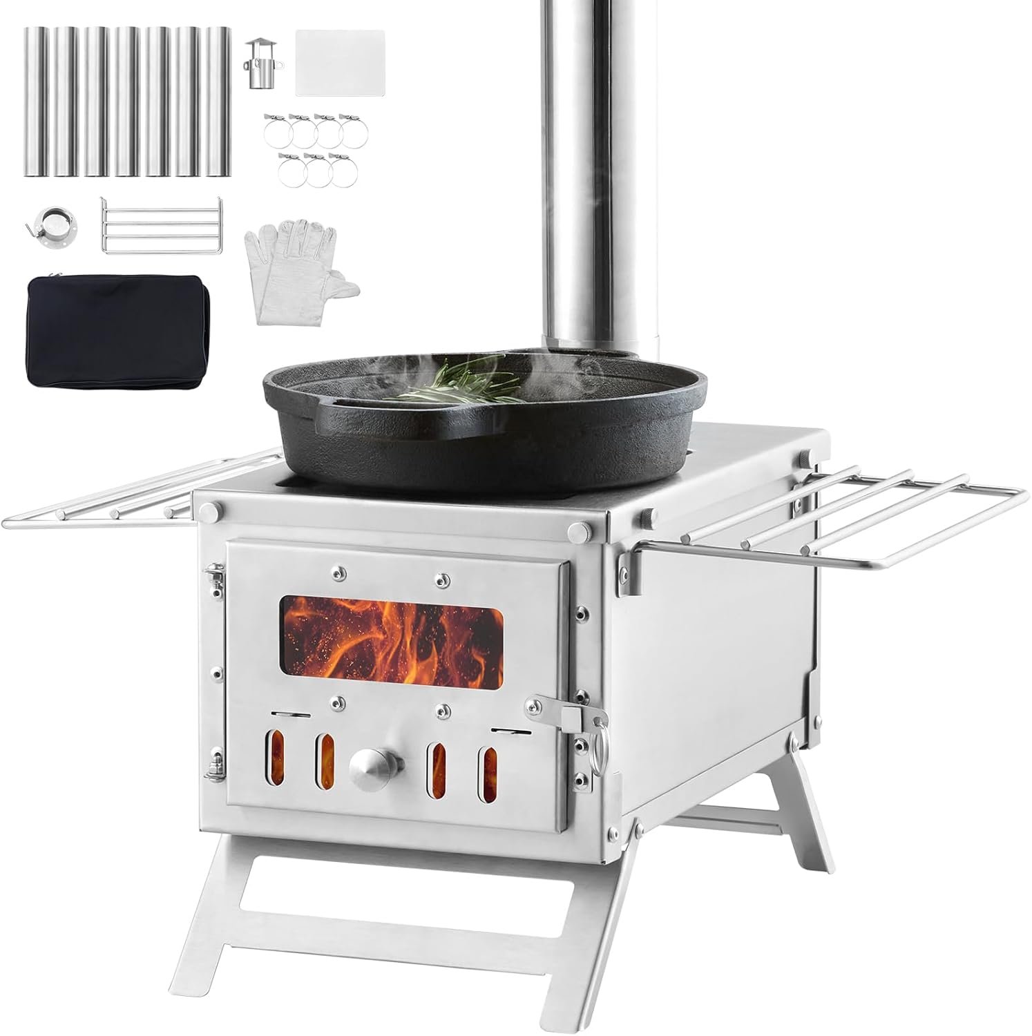 VEVOR Camping Wood Stove Stainless Steel Camping Tent Stove, Portable Wood Burning Stove with Chimney Pipes & Gloves, 640in³Firebox Hot Tent Stove for Outdoor Cooking and Heating with 8 Pipes