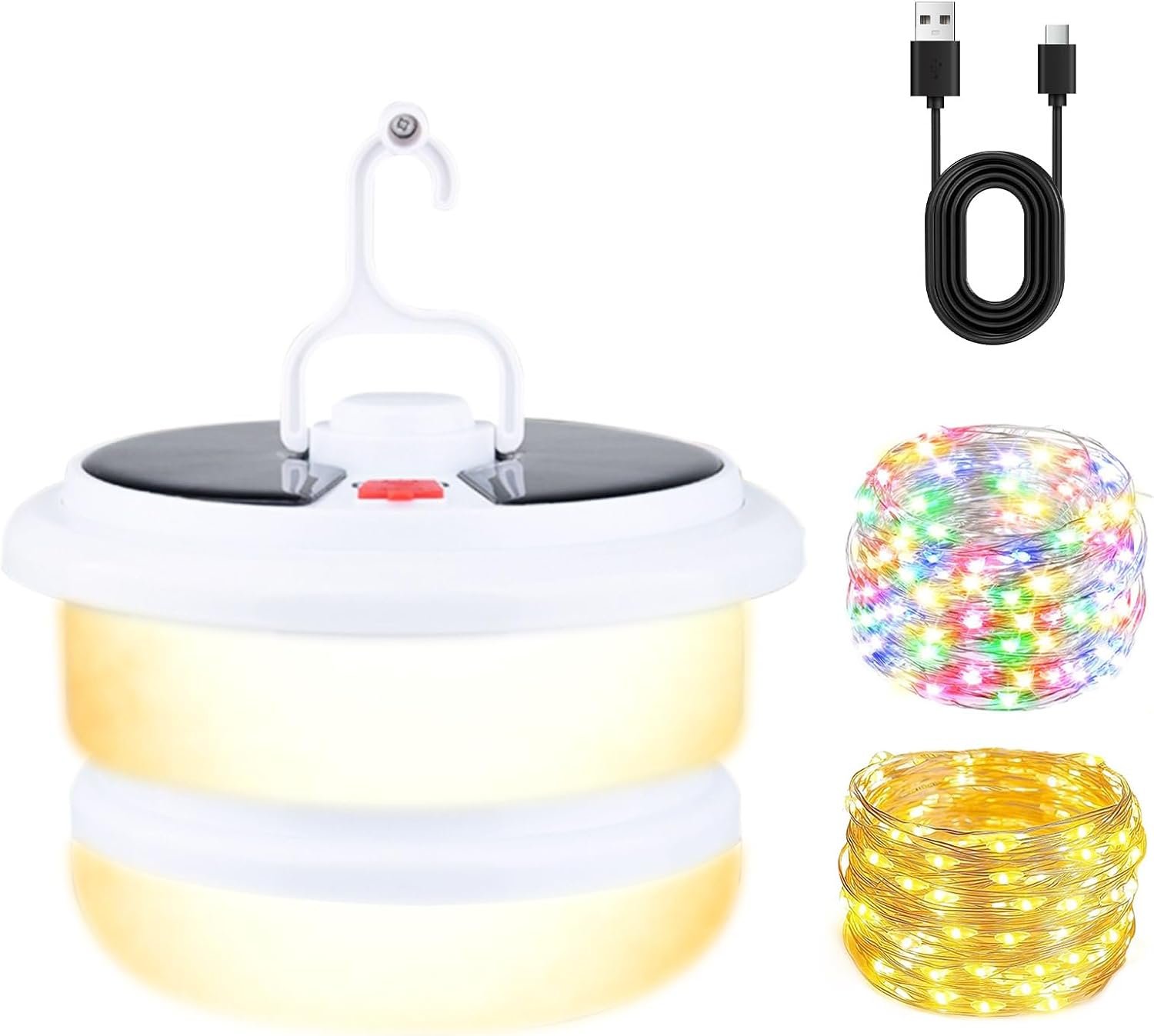 Camping String Lights Outdoor Solar, 3 in 1 Waterproof Camp Light Portable RGB String Light with 7 Modes (26.2ft), Solar/USB Rechargeable Tent Lantern for Camping, Hiking, Yard, RV, Festival Decor