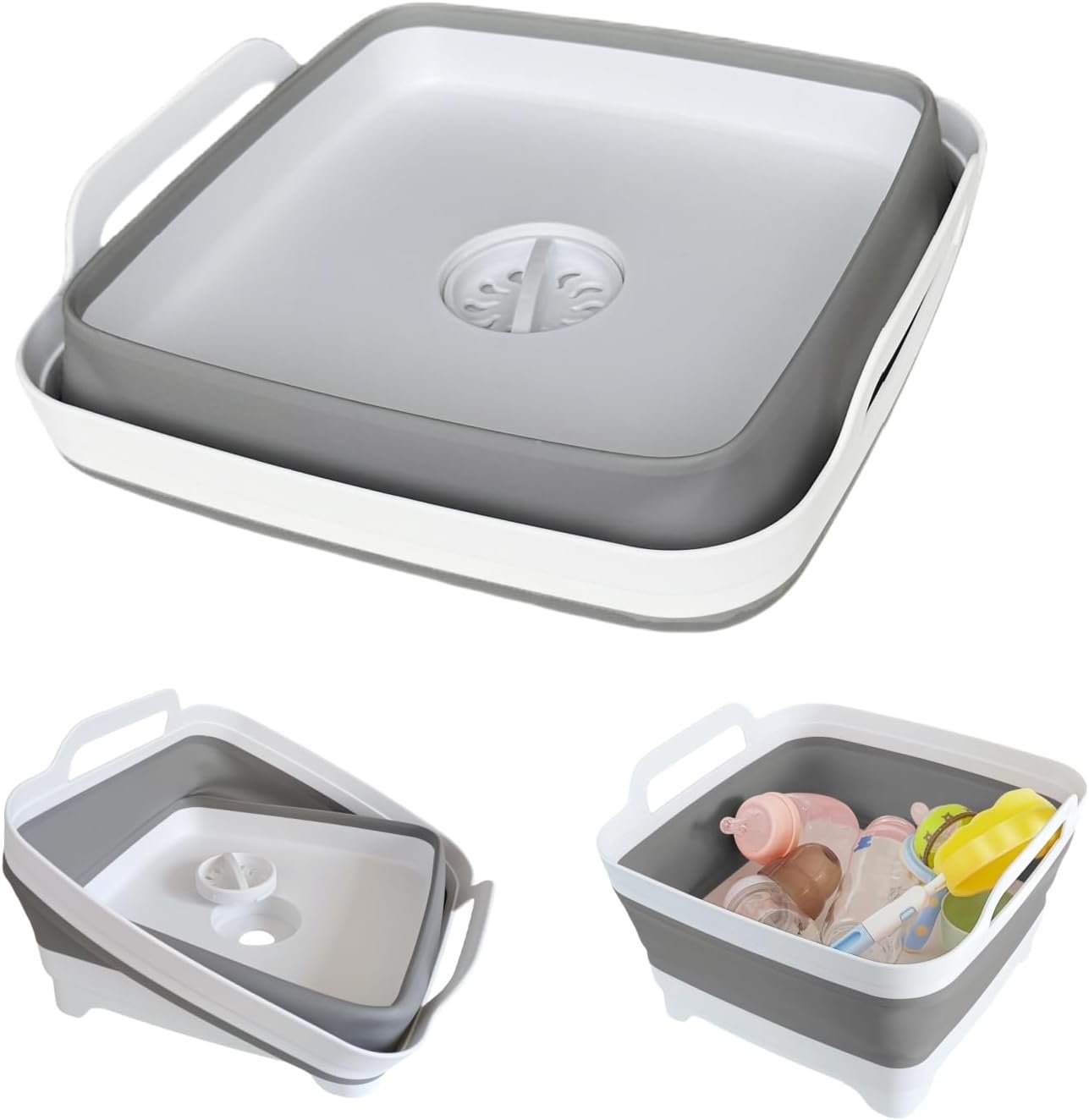 GIMWA Collapsible Wash Basin with Drain Plug – 2.4 Gallon Foldable Kitchen Sink for Baby Bottles, RV Camping, Space-Saving Dish Tub (Gray)