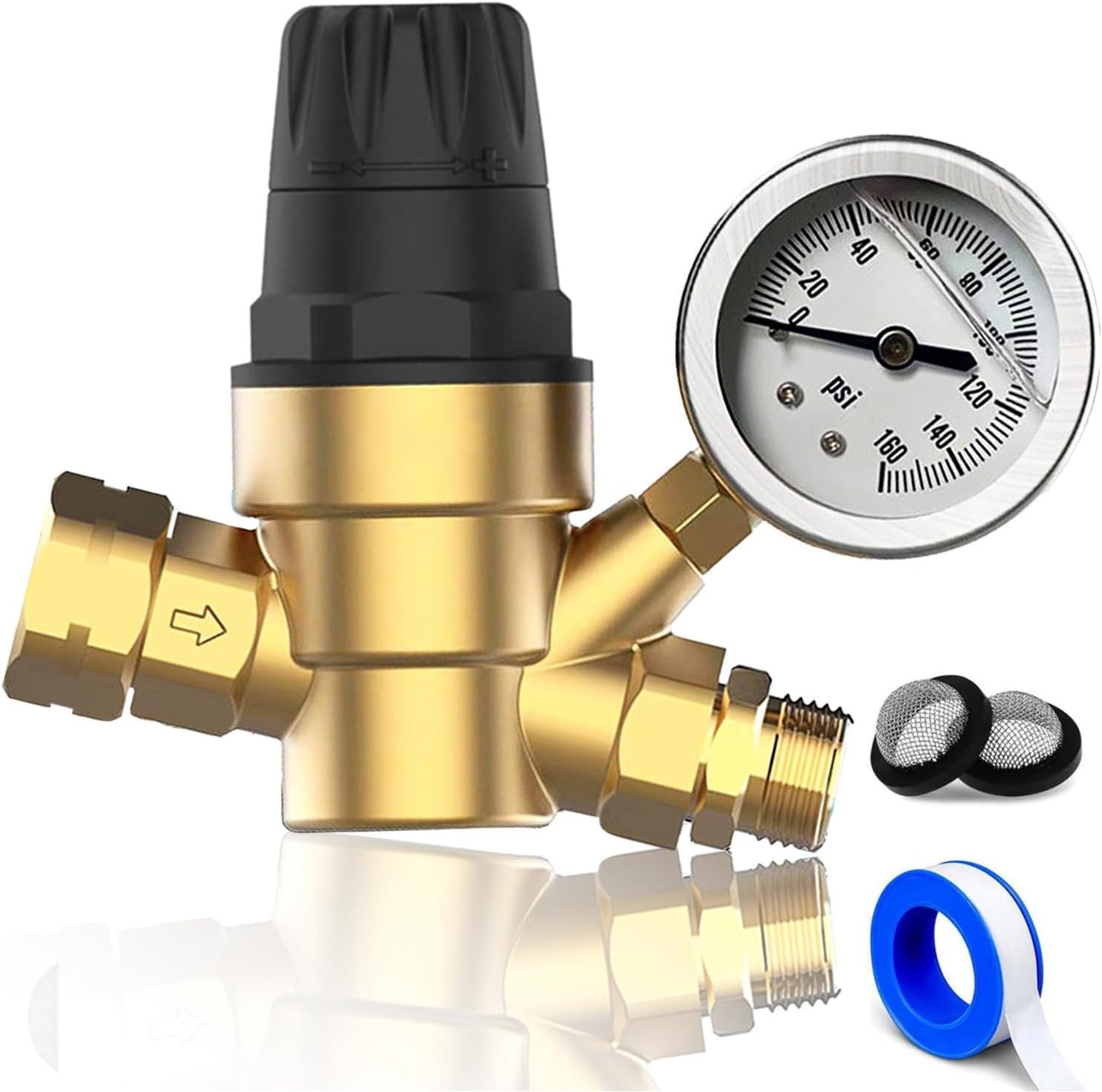RV Water Pressure Regulator Value for RV Camper and Travel Tailer, Rv accessories, Brass Lead-Free Water Pressure Regulator with Gauge and Handle Adjustment Knob, Filters