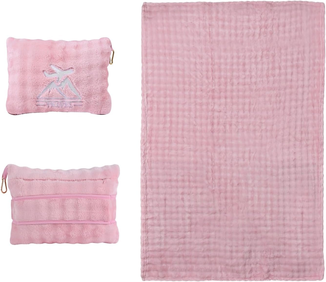 Travel Blanket and Pillow-2-in-1, Ultra-Soft&Compact, Airplane Blanket with Hand Luggage Belt and Backpack Clip,Travelers Accessories Gifts, 61×43 Inches(Pink
