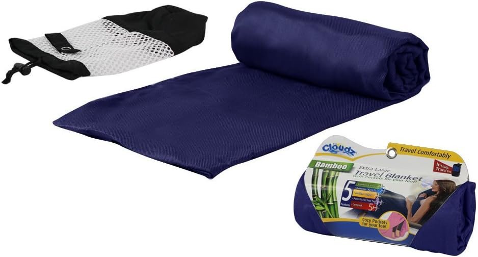 Cloudz Extra Large Airplane Travel Blanket for Your Flight, Car, Camping, Home or Comforting Warmth Anywhere! Includes Warm Cozy Pockets for Your Feet and a Travel Bag – Navy Blue
