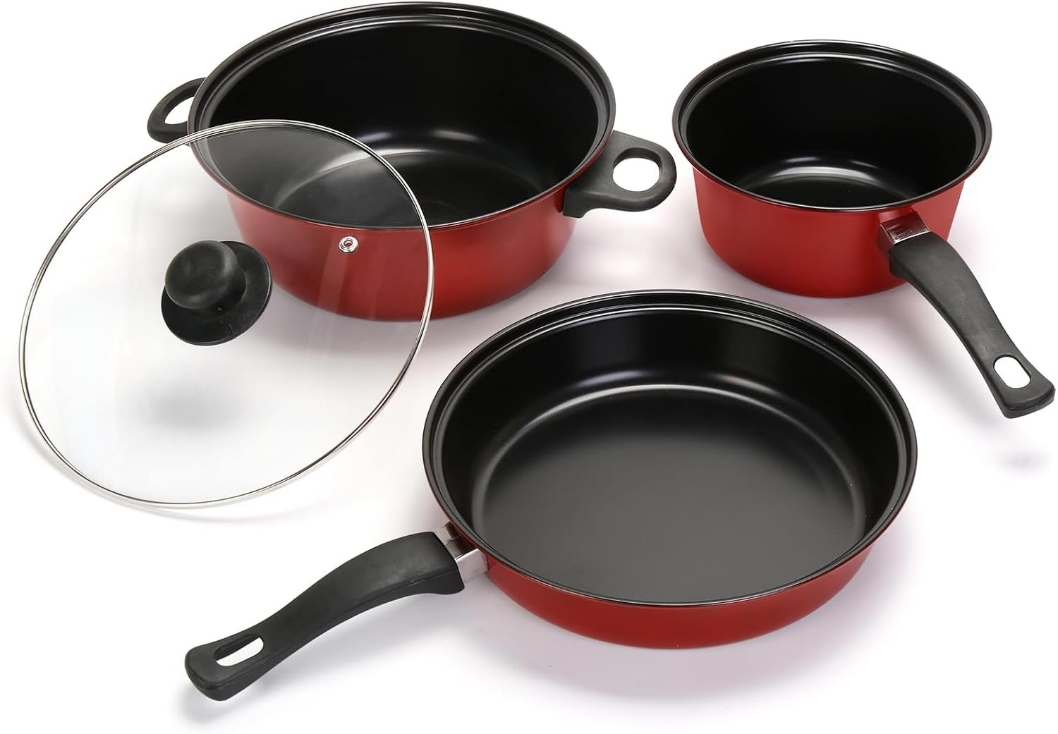 Non-Stick Cookware Set, Portable Lightweight Cast Iron Pots and Pans with Glass Lids and Nylon Utensils 4 Piece Set for Outdoor Camping Picnic Travel