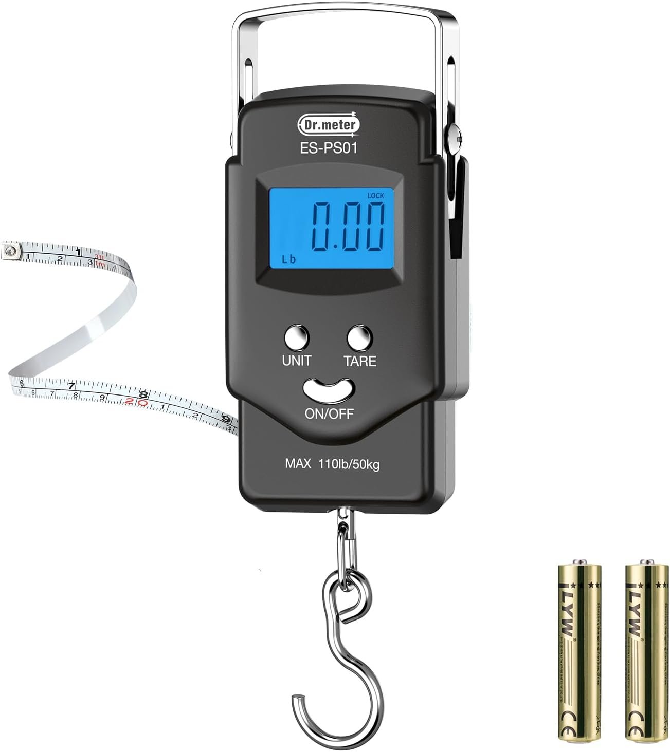Dr.meter Fish Scale Luggage Scale Fishing Gear – 110lb Backlit LCD Display Digital Scale with Built-in Measuring Tape – Fishing Scale with 2 AAA Batteries, Pocket Size – Fishing Gifts for Men