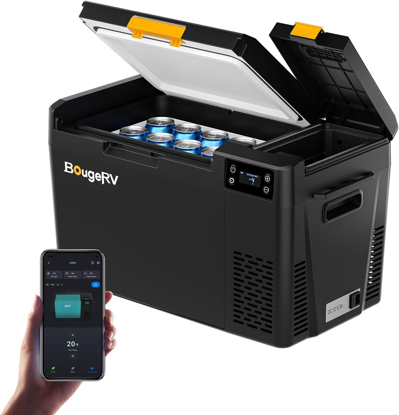 BougeRV 12 Volt Portable Refrigerator, CRX3 23 Quart Car Fridge with APP Control, -4℉~68℉ Compressor Electric Cooler with 12V/24 DC, 100-240 AC for Outdoor Camping Overlanding Truck RV SUV Van