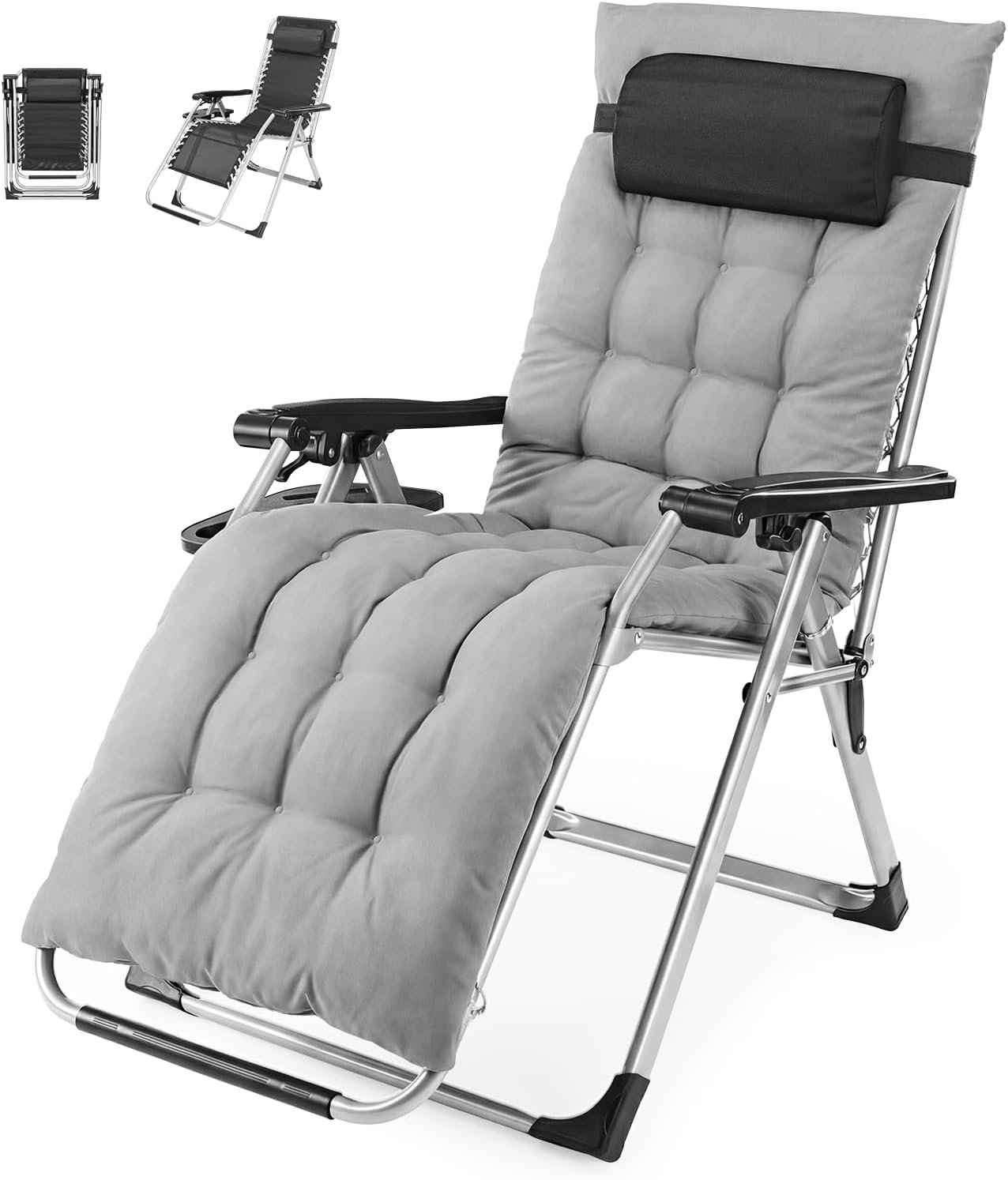 NEWBULIG Zero Gravity Chair, Folding Patio Recliner with Removable Cushion & Cup Holder Trays, Portable Lounge Chair for Beach & Camping, Classic Grey