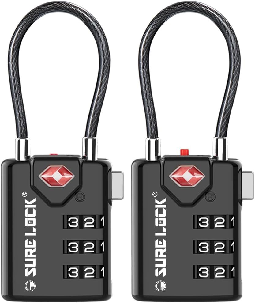 SURE LOCK TSA Approved Luggage Locks with Open Alert Indicator, 3 Digit Combination Cable Travel Lock for Suitcase, Backpack & Travel Bag, 2 Pack Black