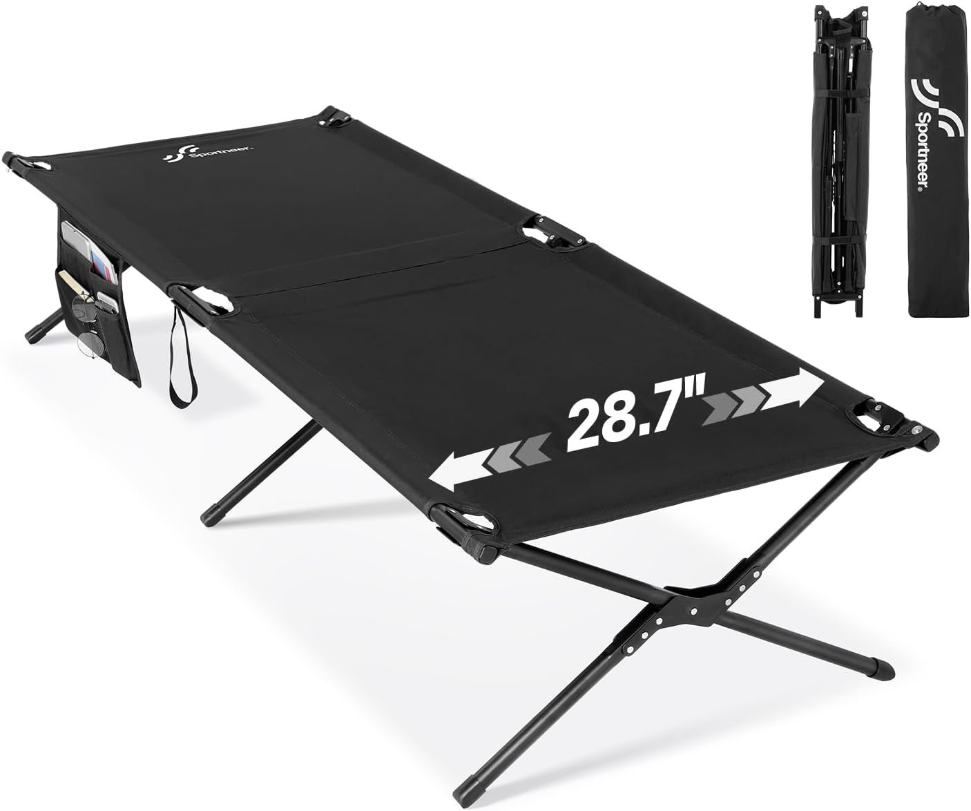 Sportneer Camping Cot: 78.3″x28.7″x14.6″ Comfort Cot Bed for Camping Traveling Guest Bed, Sleeping Cots for Adults with Side Pockets & Storage Bag – Ease of Assembly, Support 330 Lbs