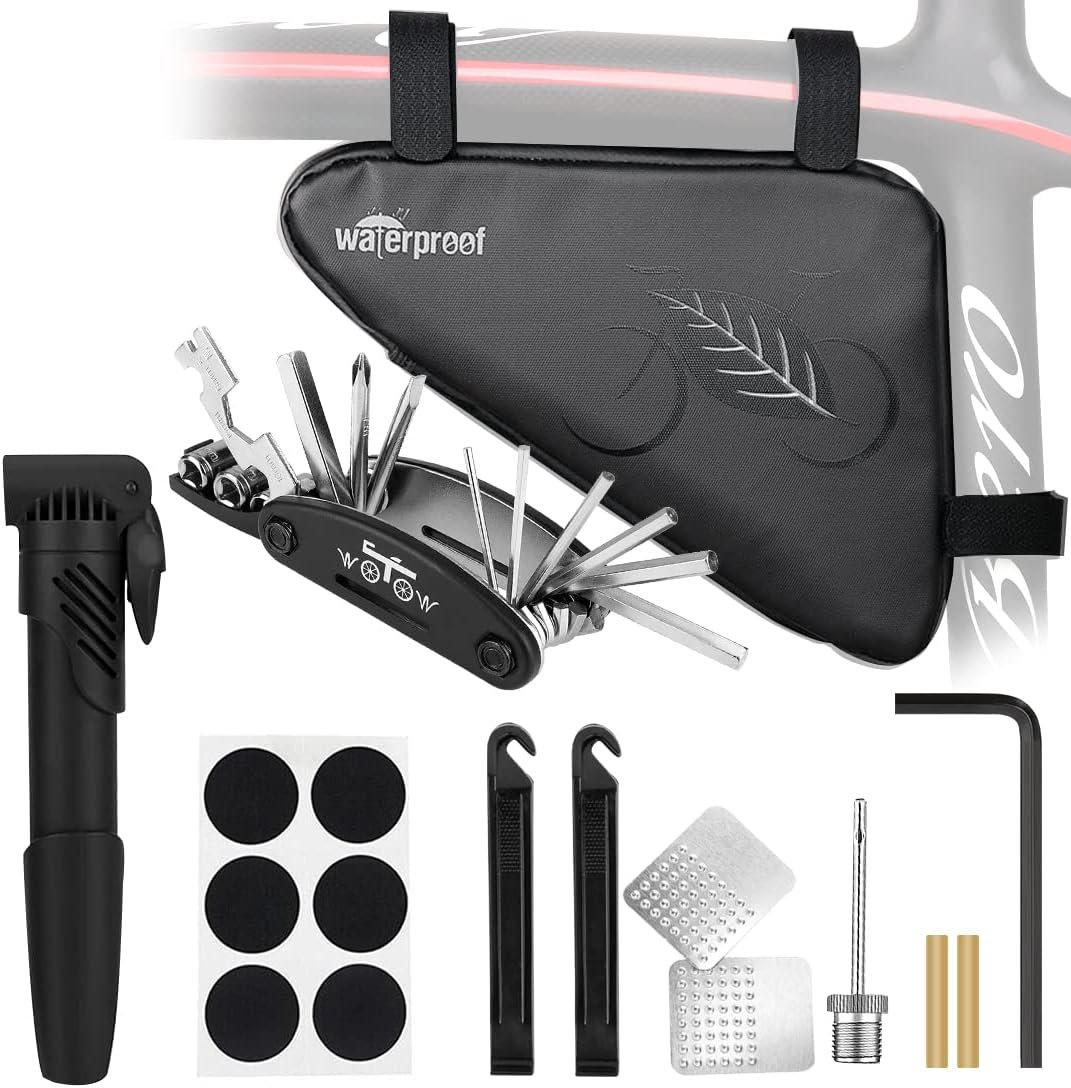 WOTOW Bike Tire Repair Tool Kit, Waterproof Frame Storage Bag & Mini Bike Pump & 16 in 1 Multitool & Bicycle Tyre Lever Patch Portable Repair Tool Accessories Set for Road Mountain BMX Cycling
