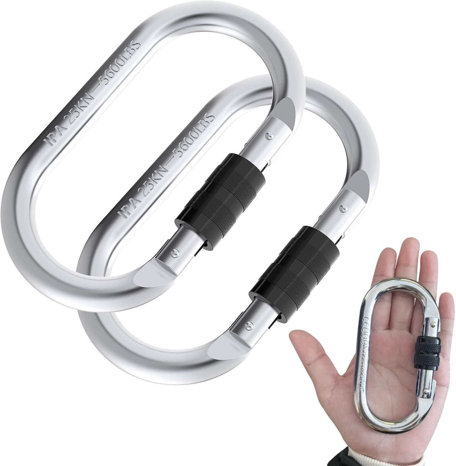 Oak-Sports Steel Carabiner Clips, Climbing Carabiner (25kn=5600lbs), Heavy Duty Carabiner Clip, Multipurpose for Rigging, Ropes, Hammocks, Each Weighs 0.36LB (2 Pack)