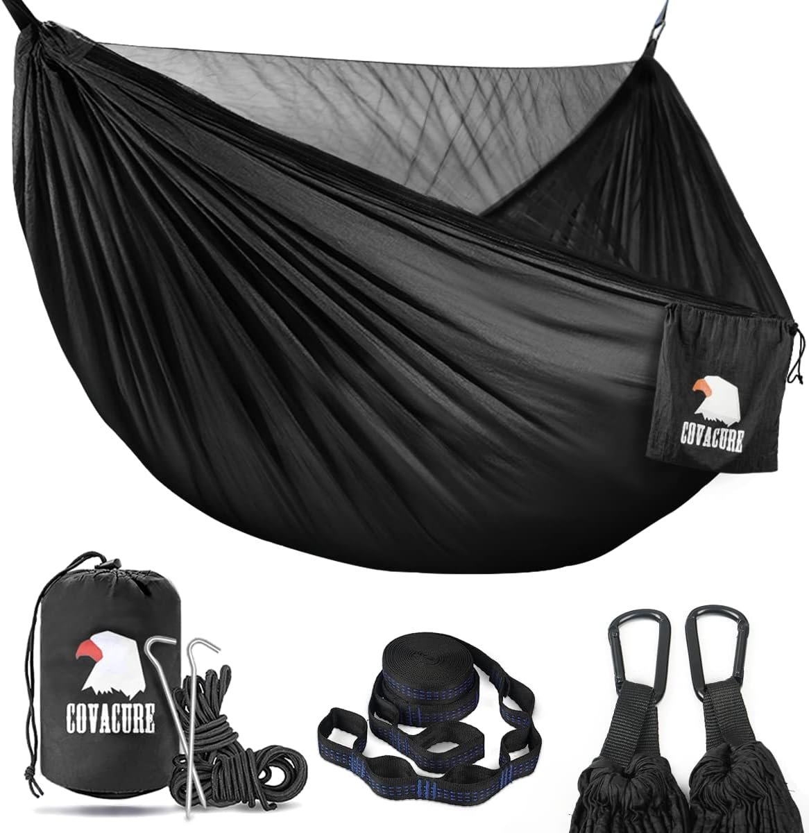 Covacure Camping Hammock – Lightweight Double Hammock, Hold Up to 772lbs, Portable Hammocks for Indoor, Outdoor, Hiking, Camping, Backpacking, Travel, Backyard, Beach (Black)
