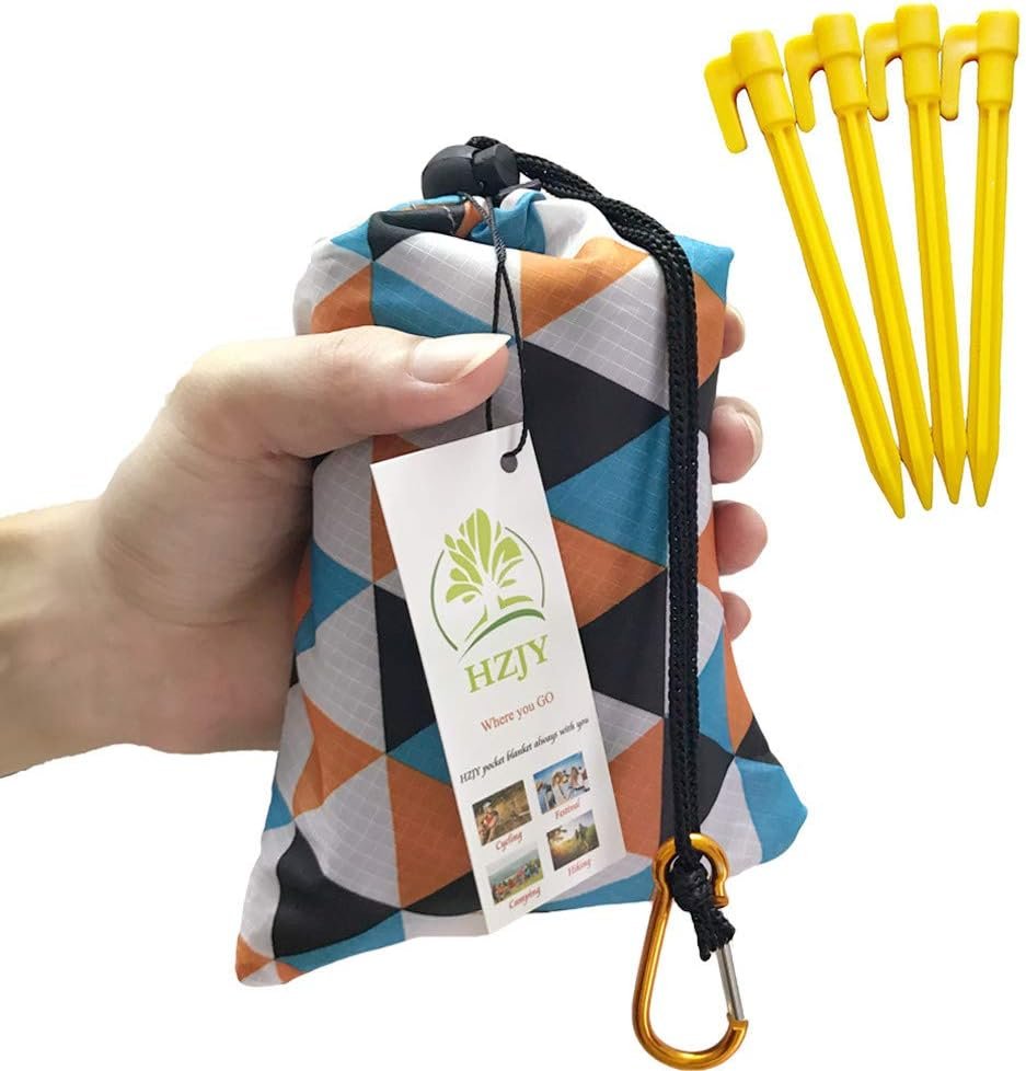 Pocket Blanket 71″x55″, Lightweight Compact Sandproof Waterproof Outdoor Blanket for Beach, Hiking, Camping, Travel, Festivals, Picnic with Pockets, Loops, Stakes, Carabiner