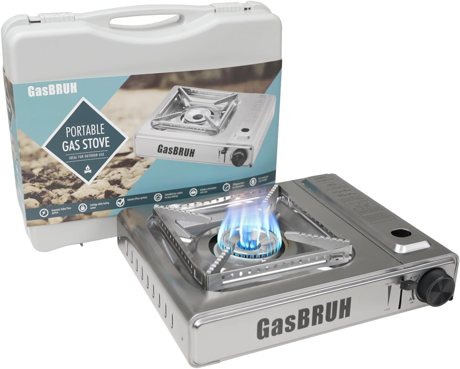 GasBRUH Single Butane Camping Stove with Windblocker, 10000BTU Stainless Steel Portable Camping Stove with Carry Case,Gas Stove for Camping,Tailgating,Outdoor Cooking,Emergency(Fuel not included)