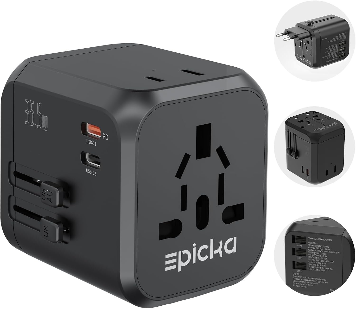 EPICKA 35W Universal Travel Adapter with 2 AC Outlet, European Travel Plug Adapter with PD Fast Charging, 6-Port (2 AC/2 USB-C/3 USB-A) International Power Adapter – Travel Essentials (TA-205, Black)