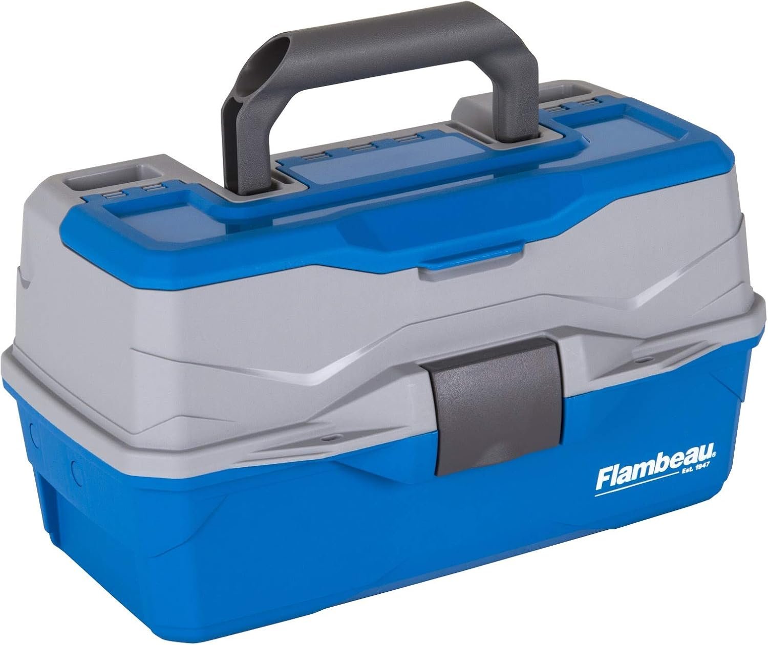 Flambeau Outdoors 6382TB 2-Tray Tackle Box – Classic Fishing Lure Storage Organizer, Medium Portable Tackle Box, 15 Tray Compartments, Blue/Gray