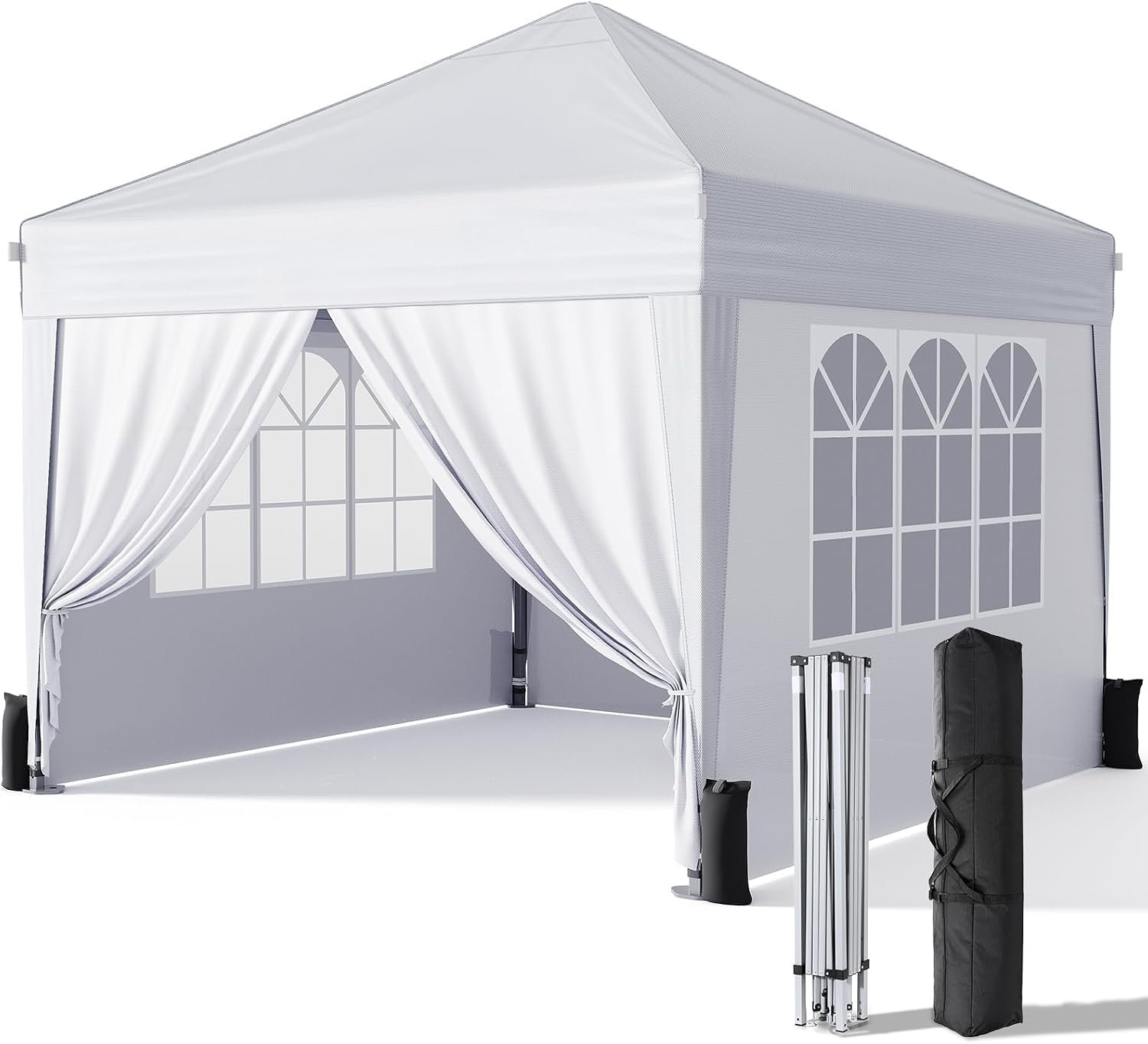 Driftalia 10×10 Pop Up Canopy with Sidewalls, Outdoor Instant Canopy Tent with Carry Bag for Commercial Events, Camping, Backyard Parties – White