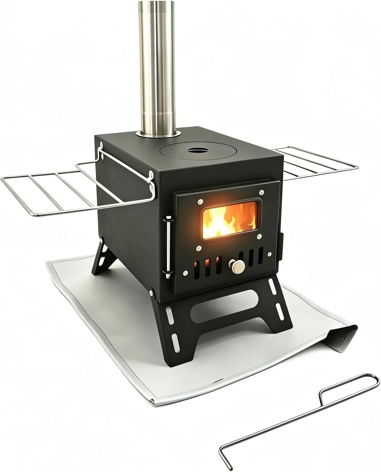 Mini Camping Wood Stove For Tent With Fire Mat, Chimney Pipes And Fire Poker, Compact Hot Tent Wood Burning Stove Kit With Flame Window For Backyard, Campsites, RV Trip And Ice Fishing.
