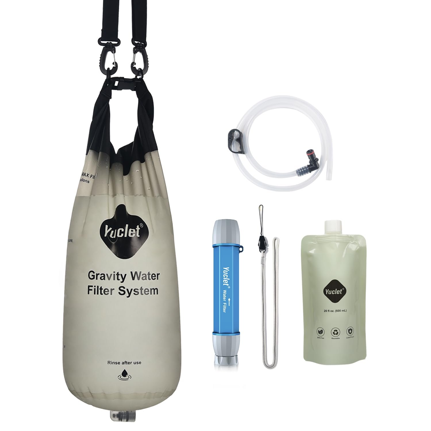 Yuclet Gravity Water Filter System w/ 2-Gal Bag & 0.1-Micron Water Filter Straw, Gravity-Fed Water Filtration System Water Purifier Survival for Camping, Backpacking, Hiking & Emergency Preparedness