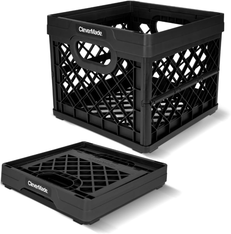 CleverMade Collapsible Milk Crate 25L (6.6 Gal), 50 lb Capacity Heavy Duty Folding Crate – Stackable Storage Crates with File Rails, Plastic Collapsible Crates – Obsidian