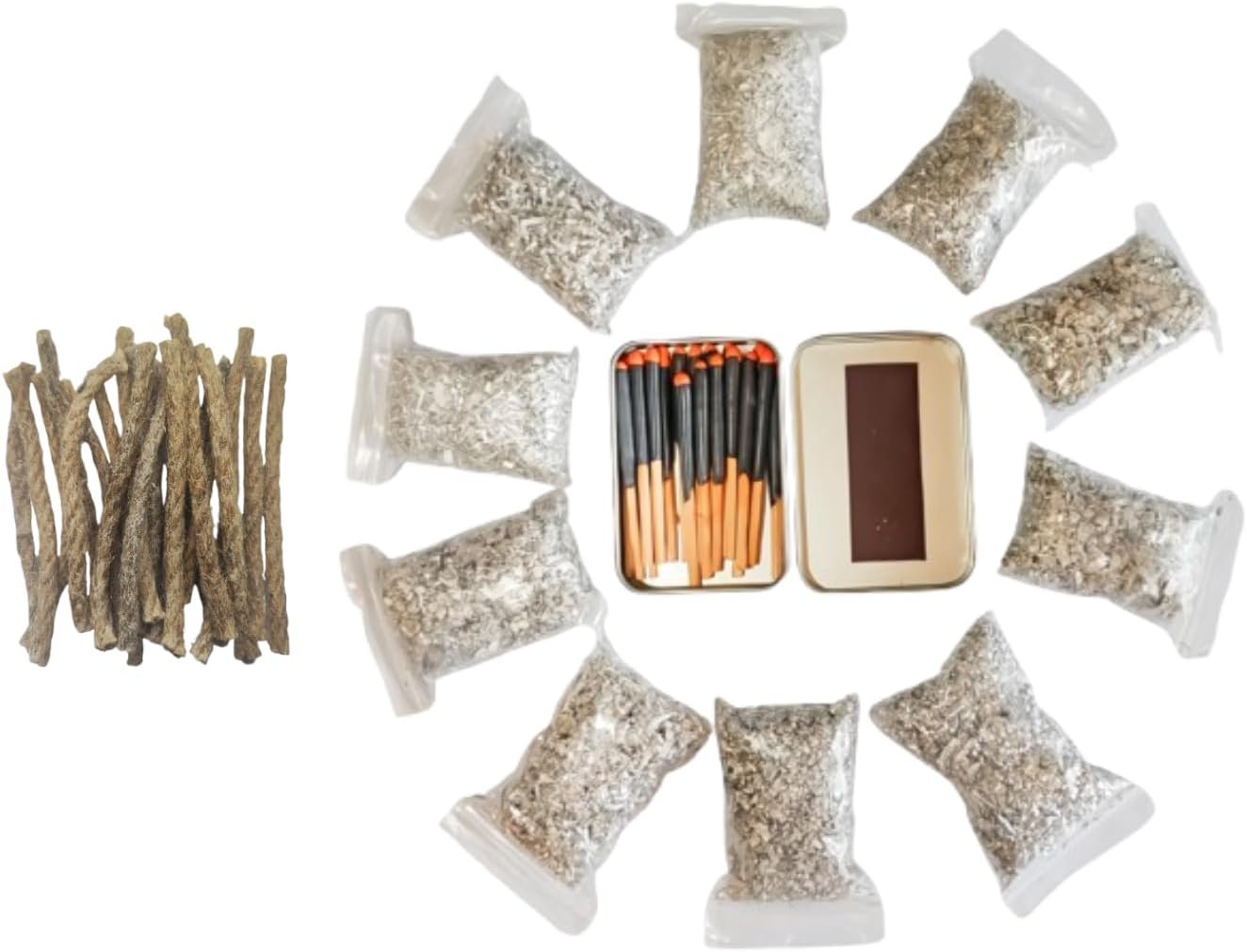 Magnesium Fire Starter Kits 10 Bags 99% Pure – Multiple Variations with Waterproof Matches, Wax Rope, and Emergency Blanket