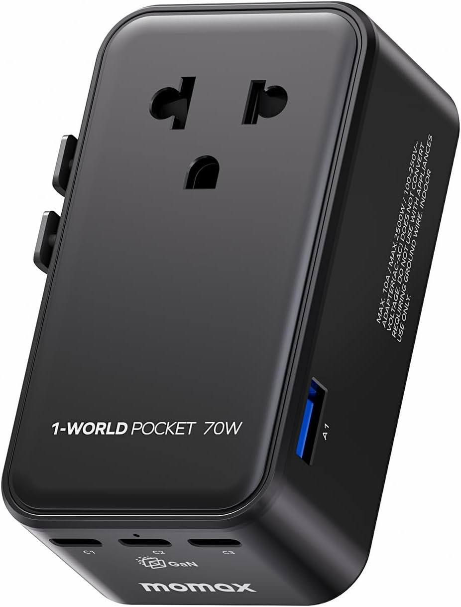 (2026 NEW) MOMAX Universal Travel Adapter, Ultra-Thin 70W GaN International Plug Adapter with 3 USB-C, 1 USB-A and AC Outlet, Works in 200+ Countries, Not a Voltage Converter, for International Travel