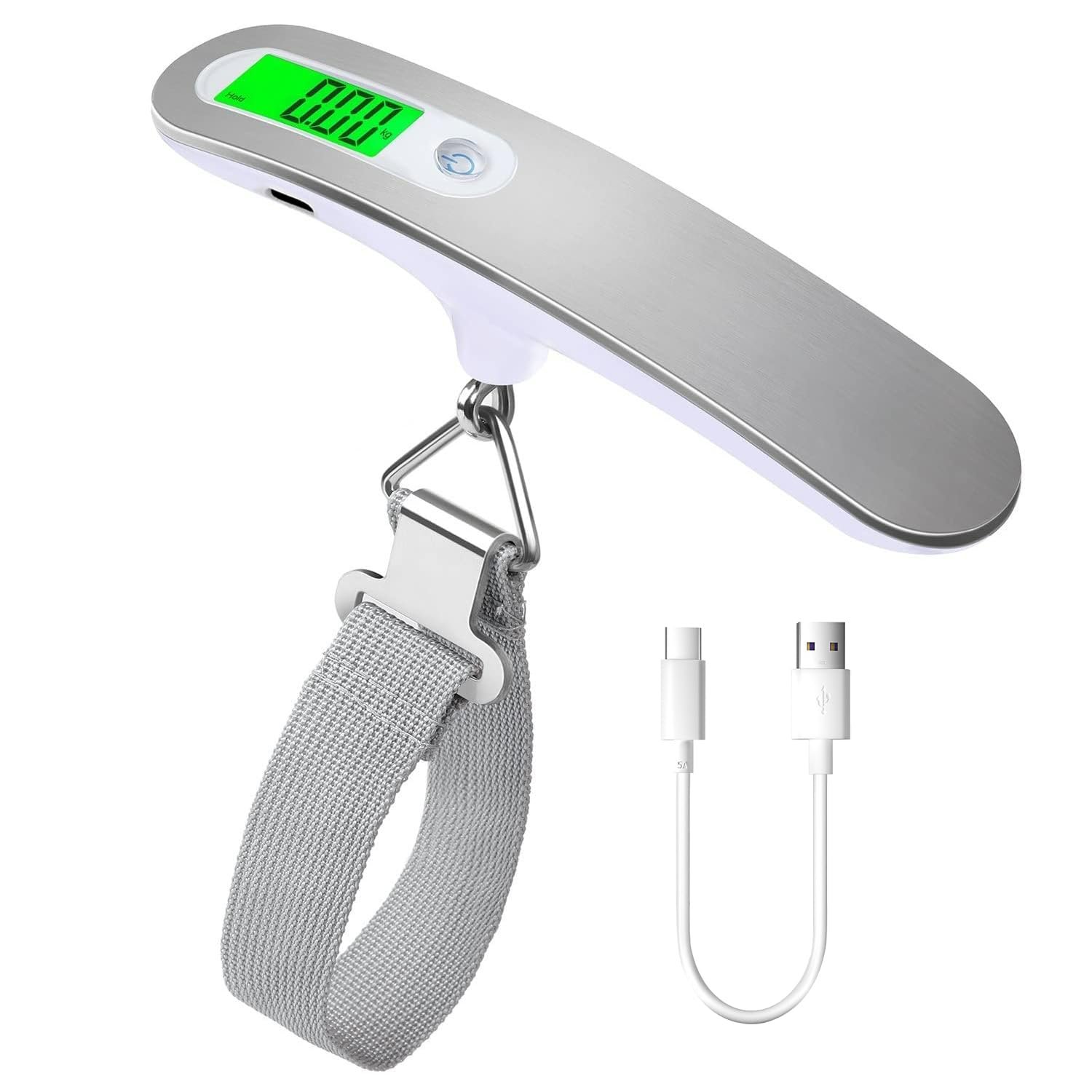 Rechargeable Digital Travel Scale with Strap for Luggage Suitcase Baggage Weighing, Weight Max up to 110 Lbs/50kg & LCD Display Screen Design,USB Type-C Port (Silver)