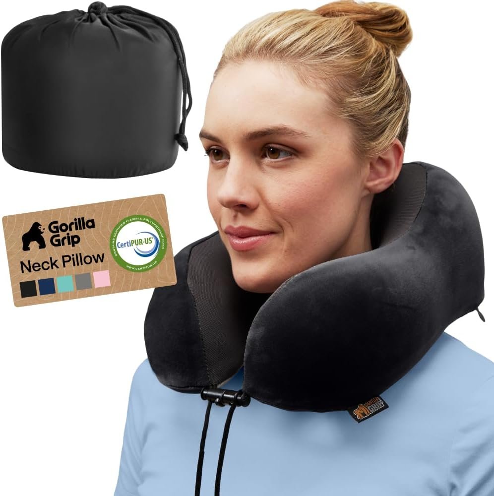 GORILLA GRIP Travel Neck Pillow for Airplanes, CertiPUR-US® Memory Foam Cooling Mesh Pillows, Soft Velvet Washable Cover, Support Headrest for Sleeping, Traveling Essentials Flight Accessories, Black
