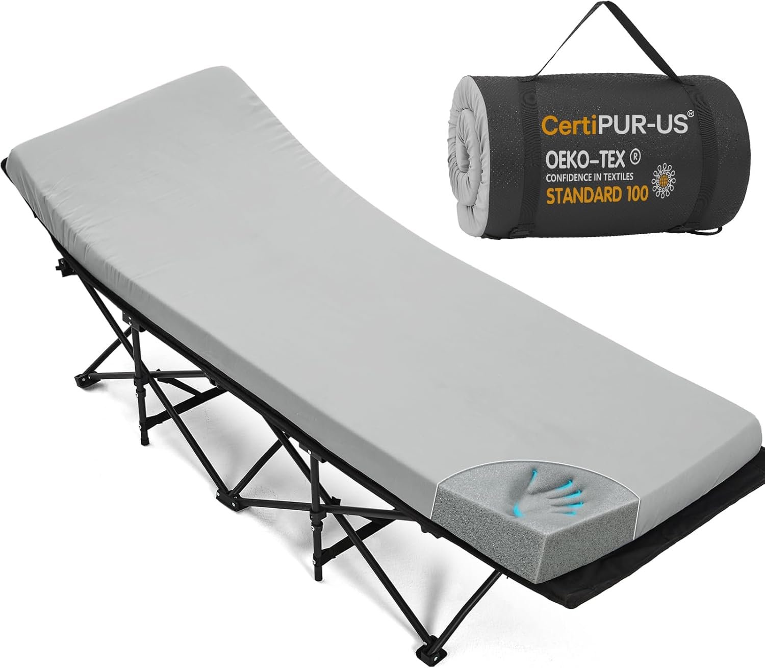 CYMULA Camping Cot Pad 2 Inch Memory Foam, Camping Pad for Folding Cot and Foldable Cot, Portable Roll Up Camp Gear for Car Camping Travel Tent, Non-Slip Waterproof Bottom, Removable Cover, Pad Only